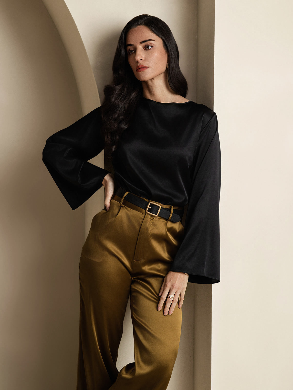 19Momme Seda Relajada Manga Larga Blusa