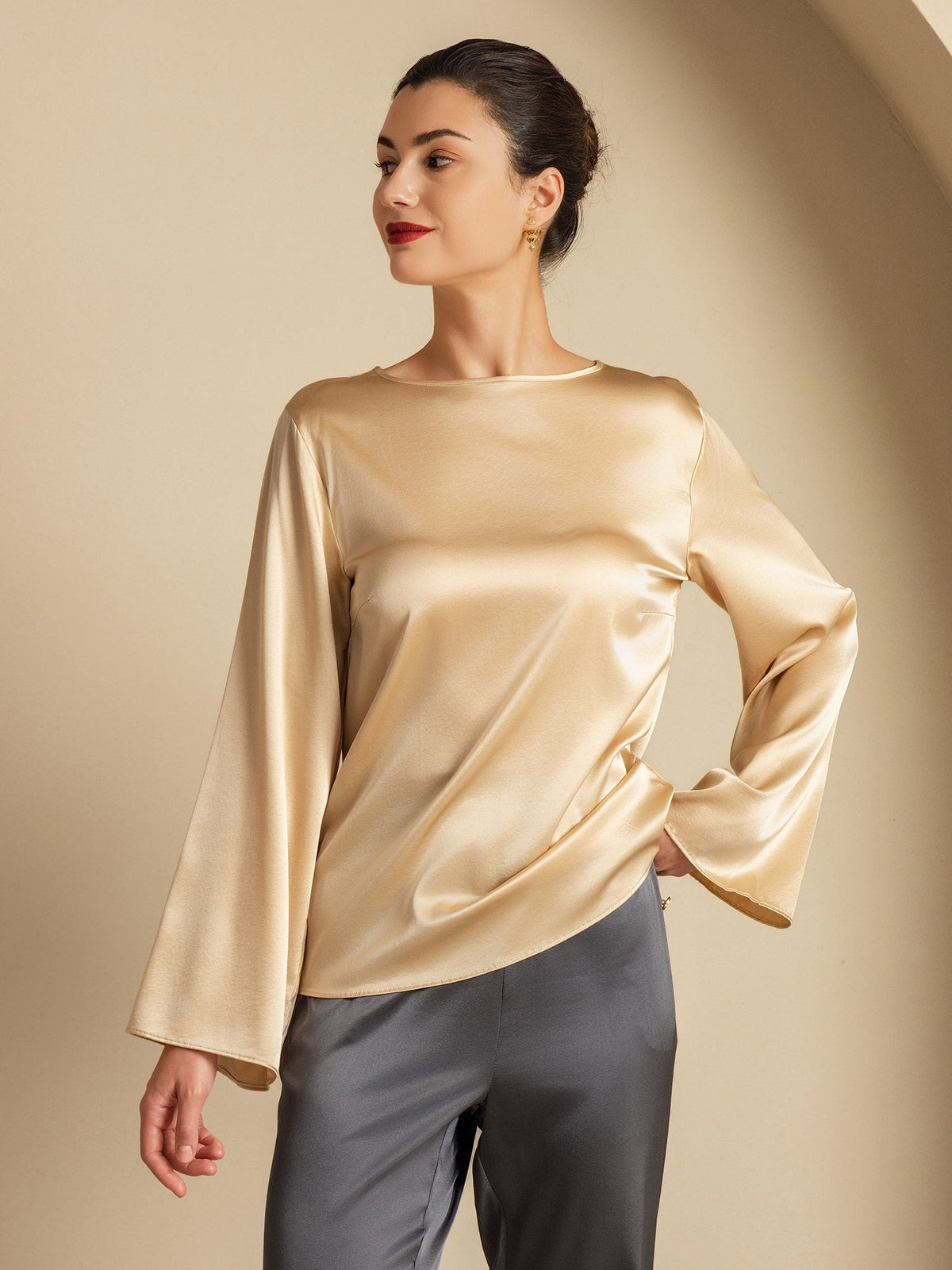 19Momme Seda Relajada Manga Larga Blusa