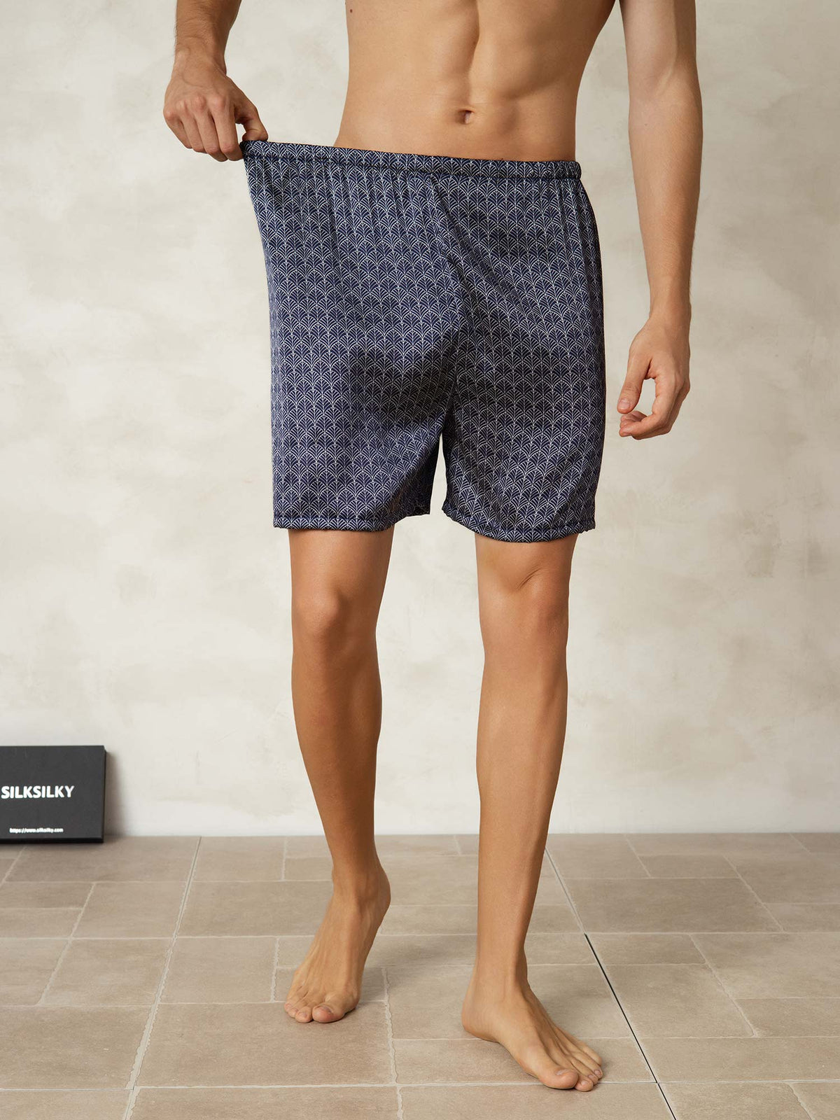 Pantalones Cortos De Dormir Para Hombre Pure Silk Ginkgo Azul Marino Estampado Cintura Elástica