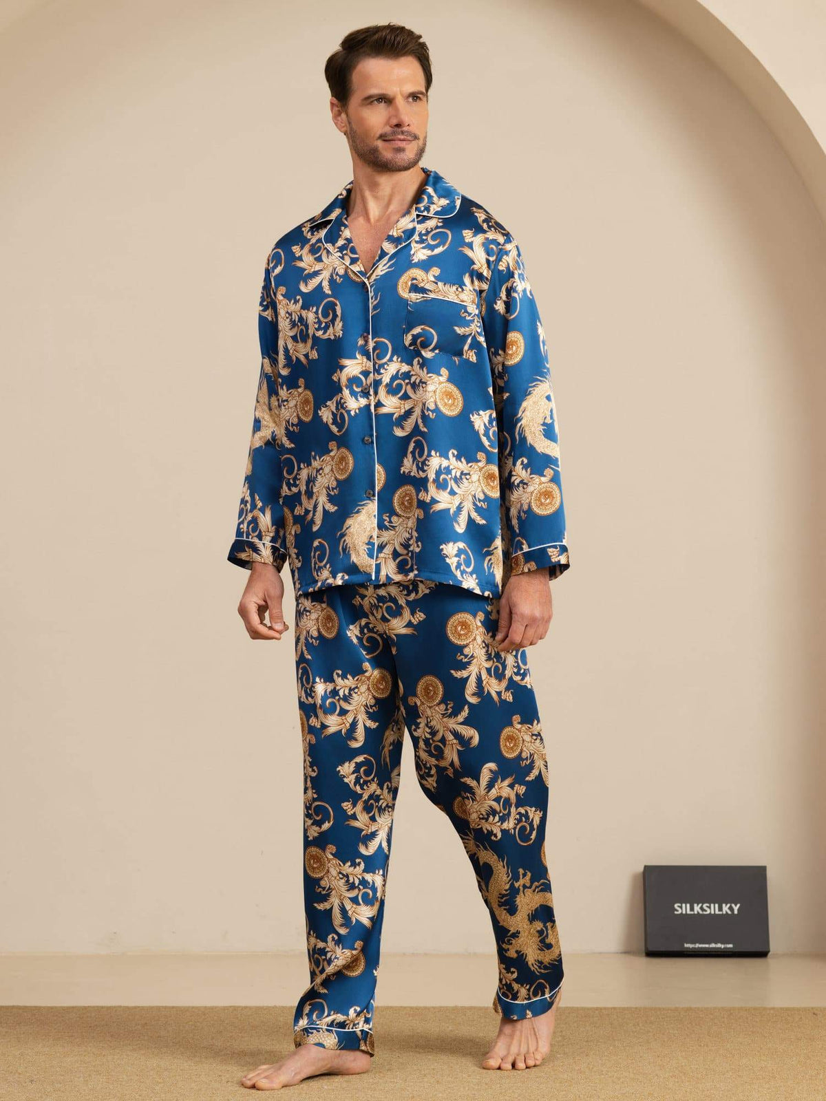 Pure Seda Hombre Estampado Dragón Manga Larga Cuello Notch Conjunto Pijama