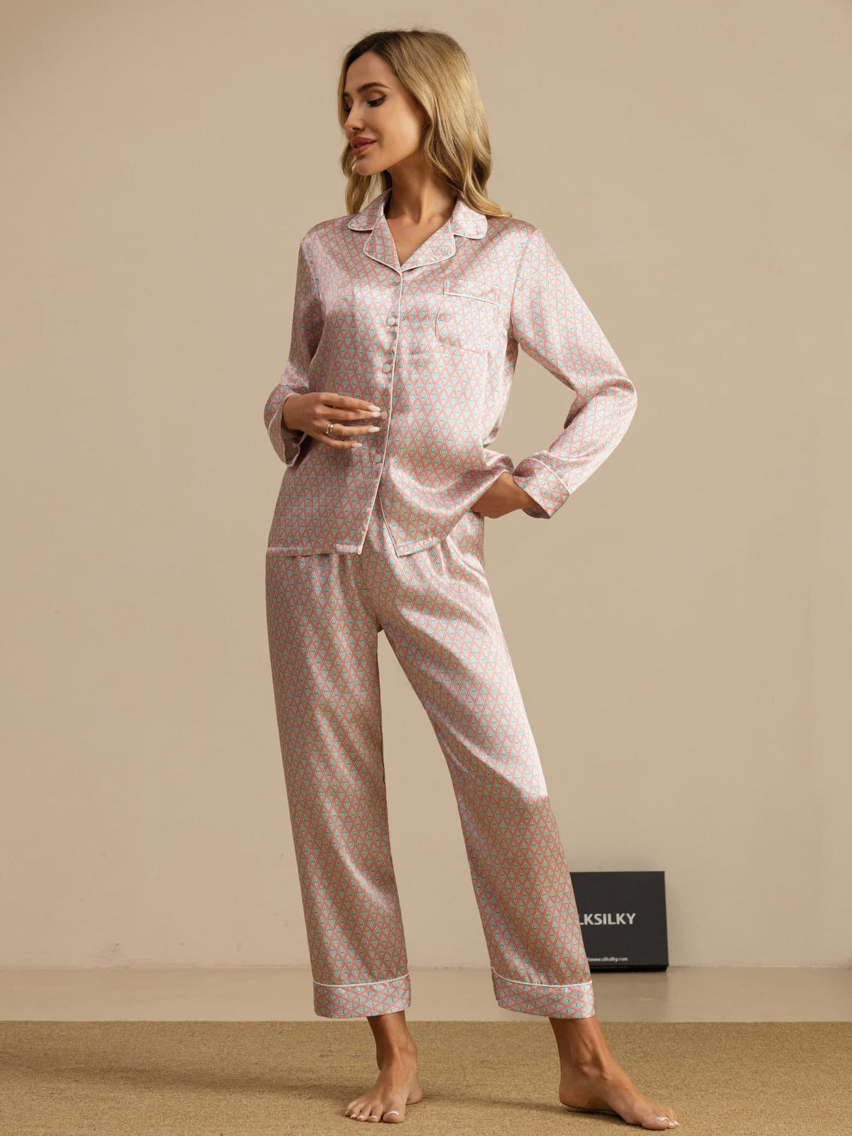Conjunto De Pijama Para Mujer De Seda Pura Manga Larga Con Pantalón E Imprimé Geométrico