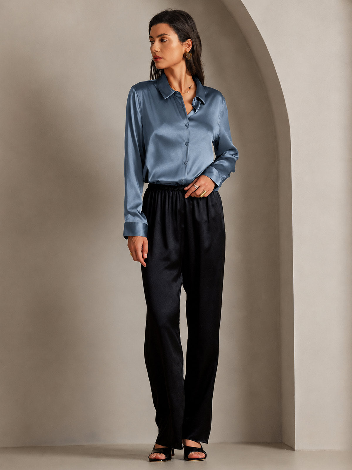19Momme Aurora Cruz Seda con Cuello Básica  Camisa