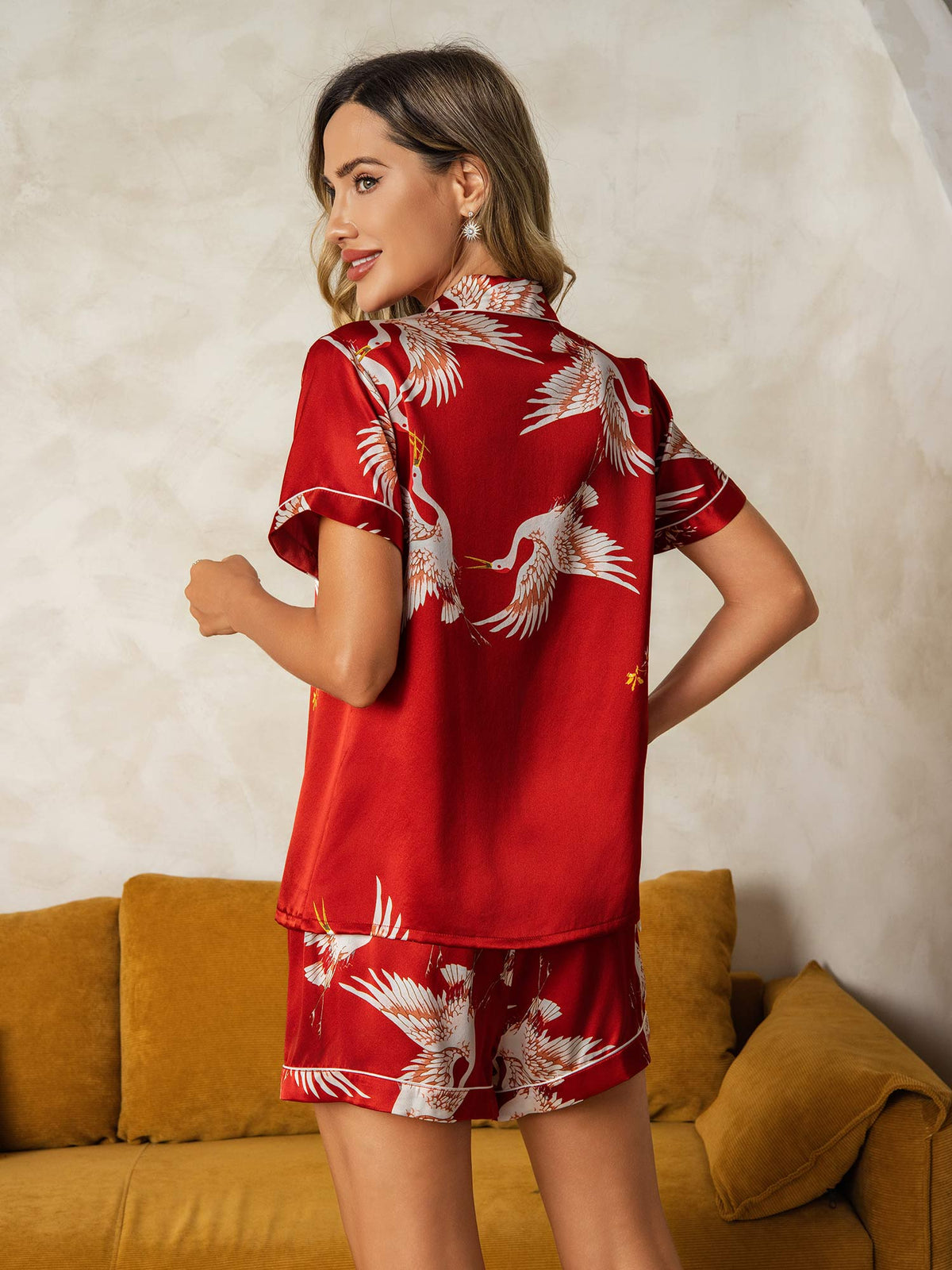 19Momme Conjunto De Pijama Para Mujer En Seda Pura Manga Corta Estampado De Grulla