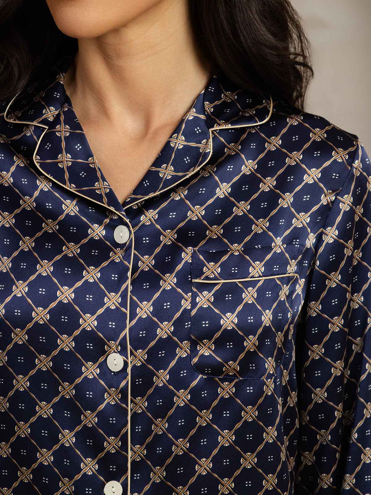 Conjunto De Pijama De Seda Pura Para Mujer Con Estampado De Cadena Marino, Manga Larga Y Cuello Con Solapas