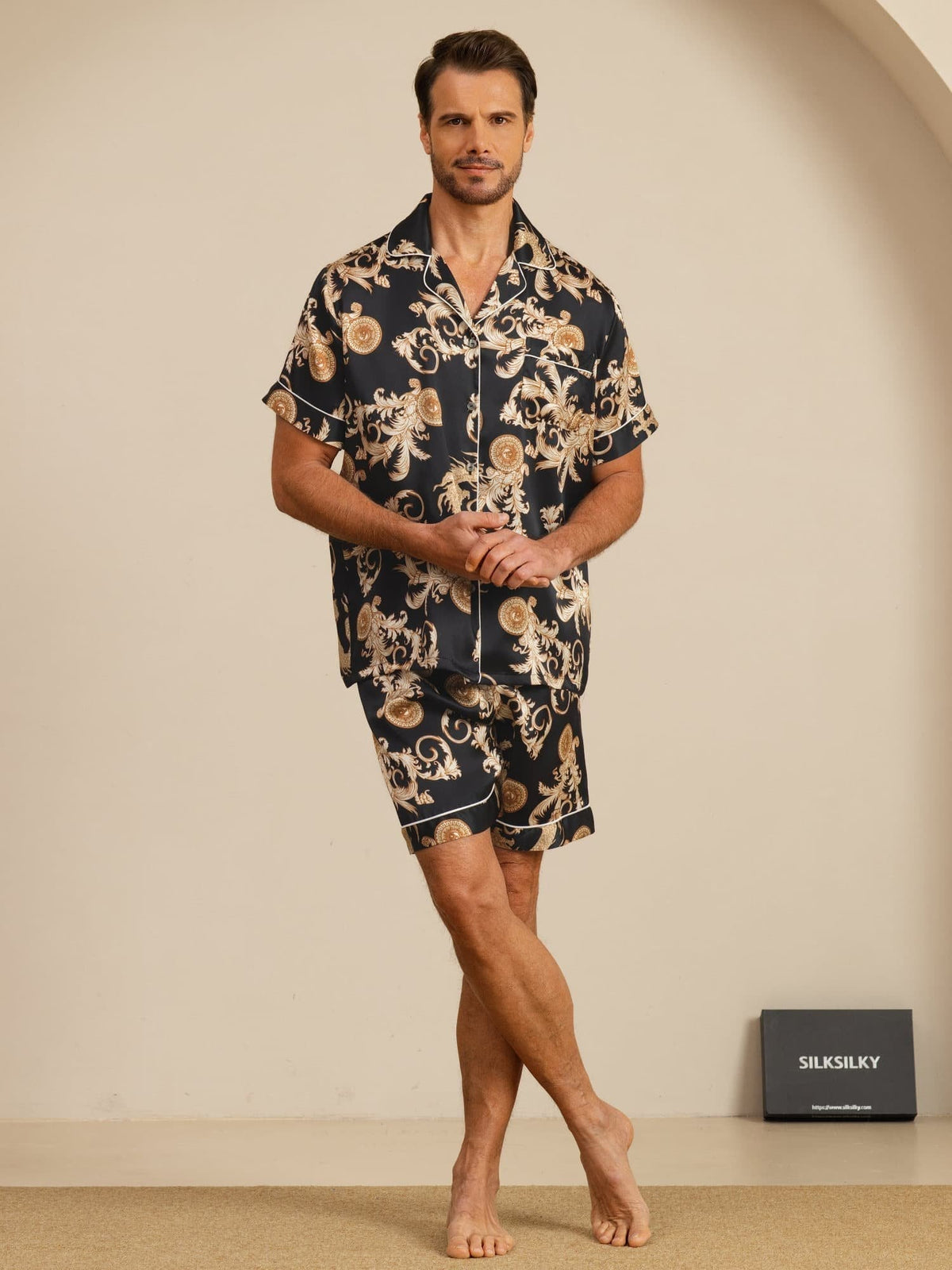 Pure Seda Hombre Estampado Dragón Manga Corta Cuello Notch Conjunto Pijama