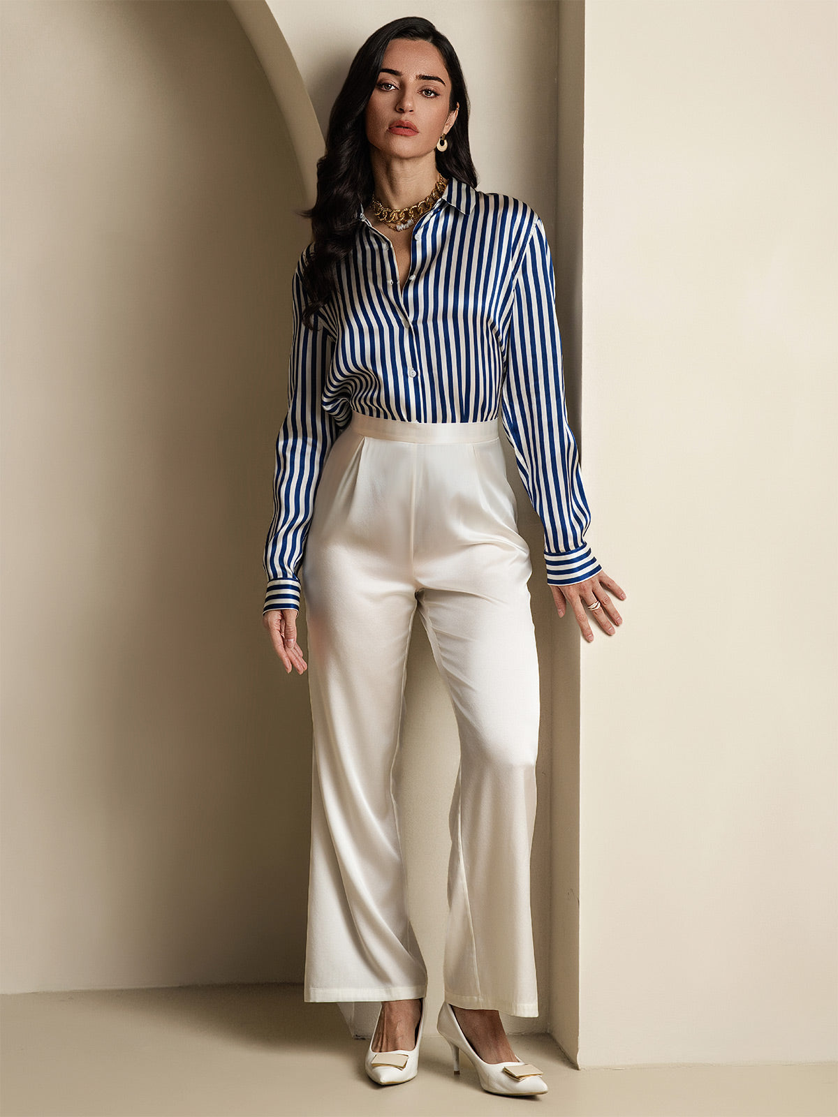 Camisa De Mujer De Seda 19 Momme Con Estampado De Rayas Y Cuello De Solapa
