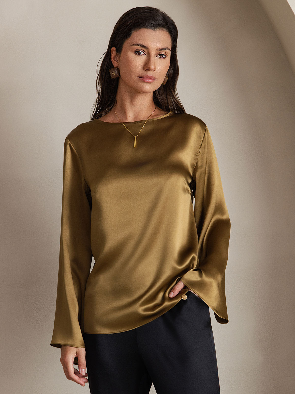 19Momme Seda Relajada Manga Larga Blusa