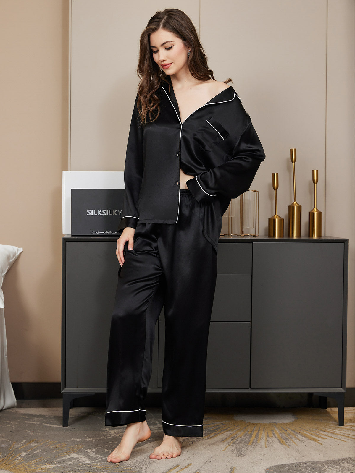 Pijama Clásico De Seda 100% De Morera Para Mujer
