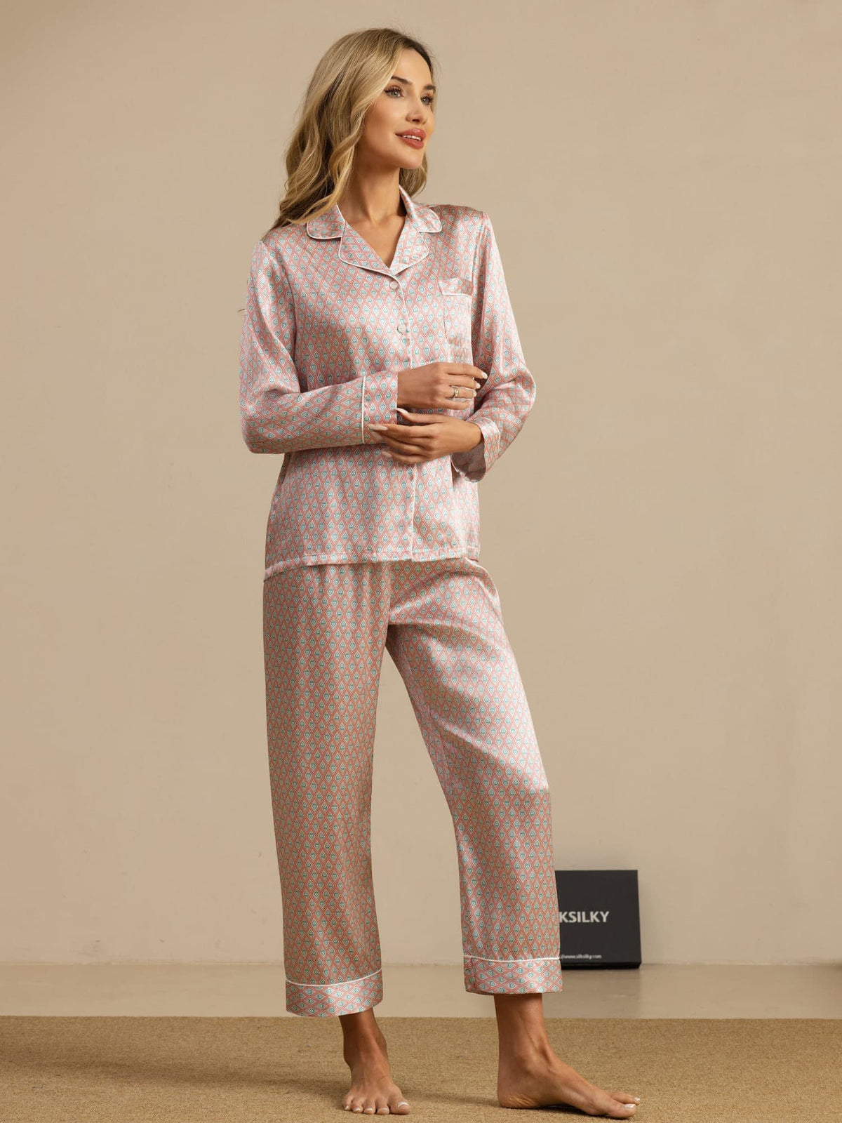 Conjunto De Pijama Para Mujer De Seda Pura Manga Larga Con Pantalón E Imprimé Geométrico