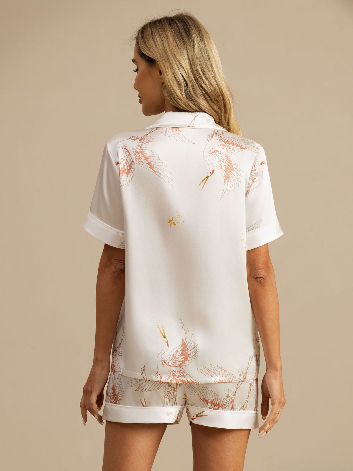 Conjunto De Pijama Para Mujer En Seda Pura 19Momme Manga Corta Cuello Notch Con Estampado De Grulla