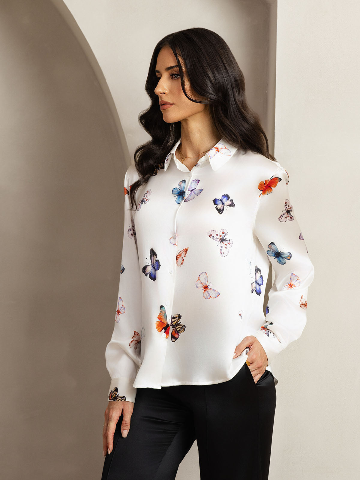 19Momme Seda Básica Cuello Militar Camisa