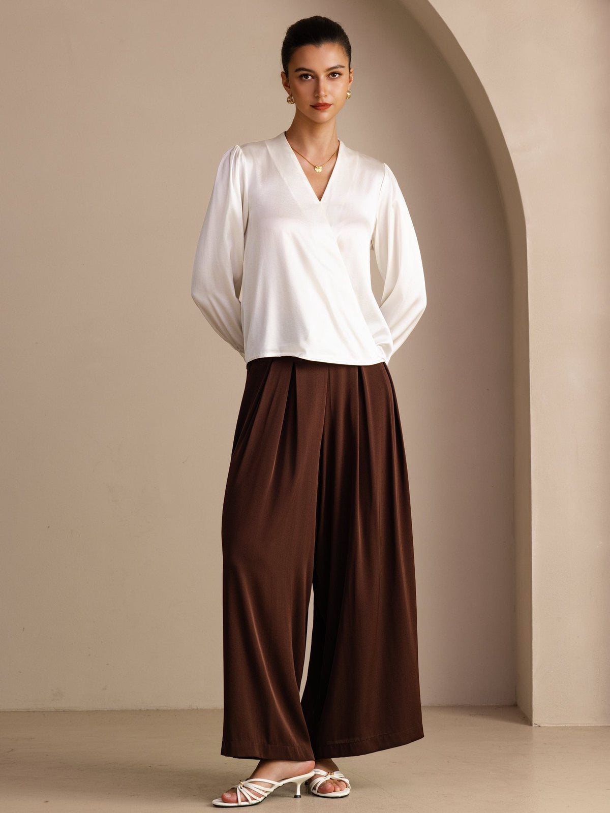Blusa De Seda Mujer 19 Momme Con Escote Cruzado Y Manga Larga