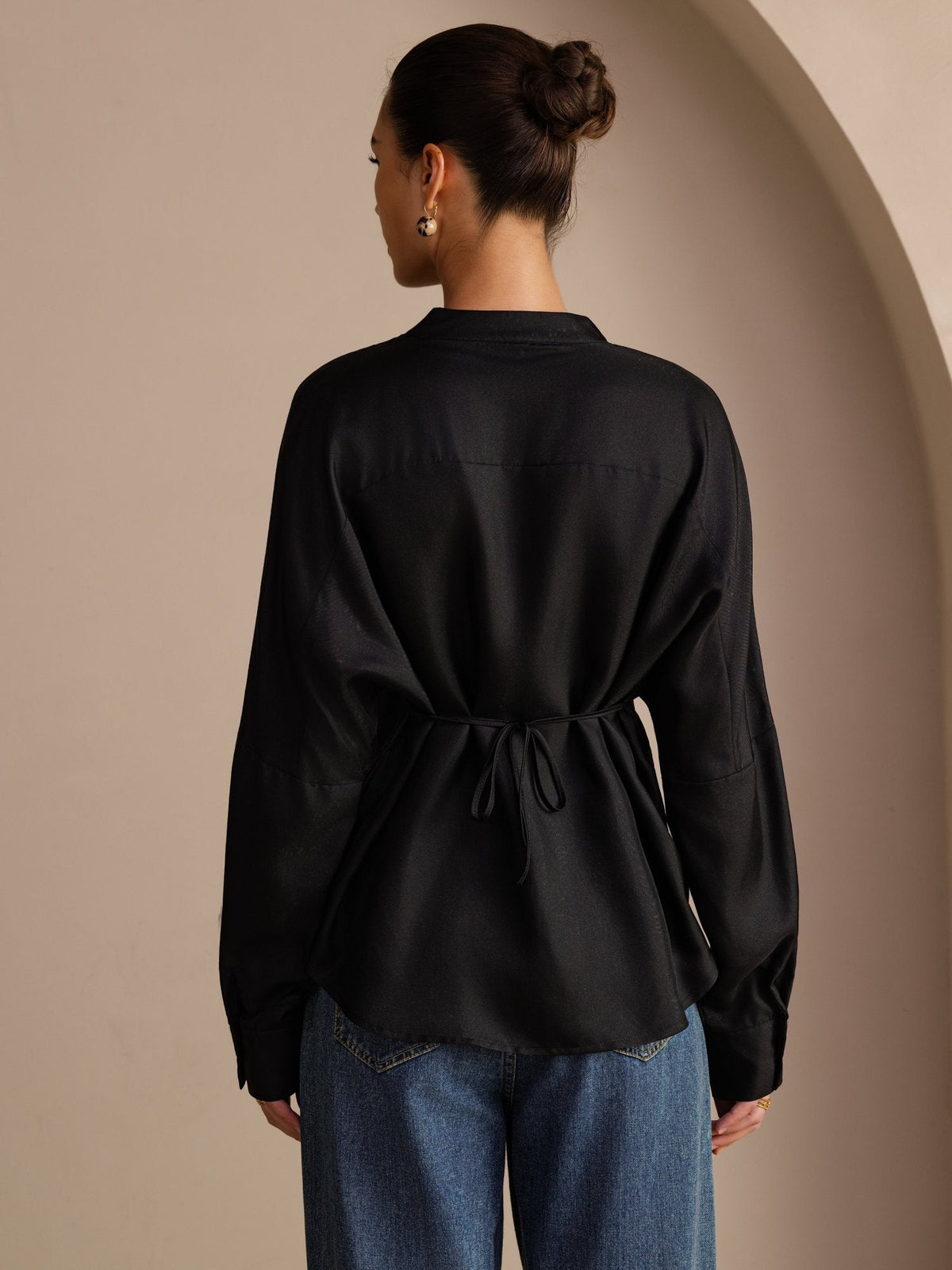 Blusa De Seda De Morera 100 Por Ciento Mujer Con Escote Abierto Y Cordón De Ajuste Manga Larga