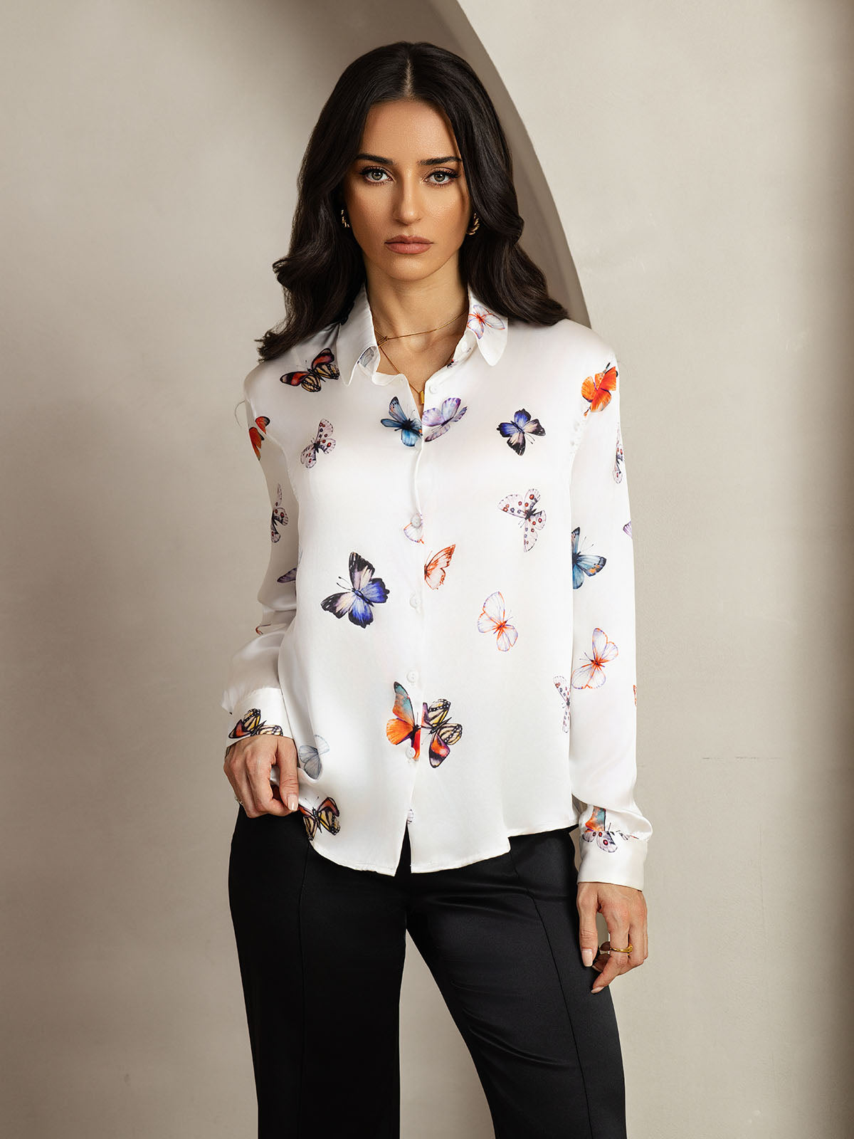 19Momme Seda Básica Cuello Militar Camisa