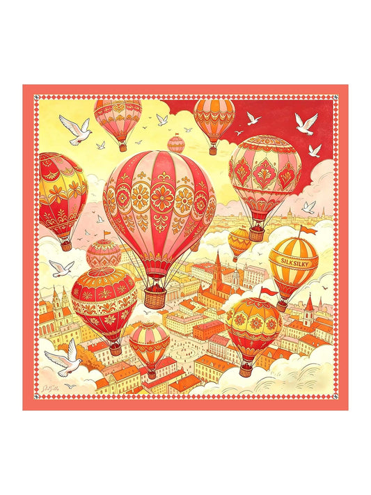 100 Seda De Morado Pañuelo Estampado Globo Aerostático Tamaño 90x90cm