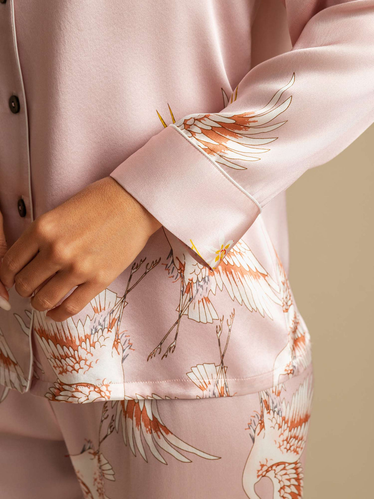Pijama De Mujer De Seda Pura 19Momme Con Estampado De Grulla Y Manga Larga
