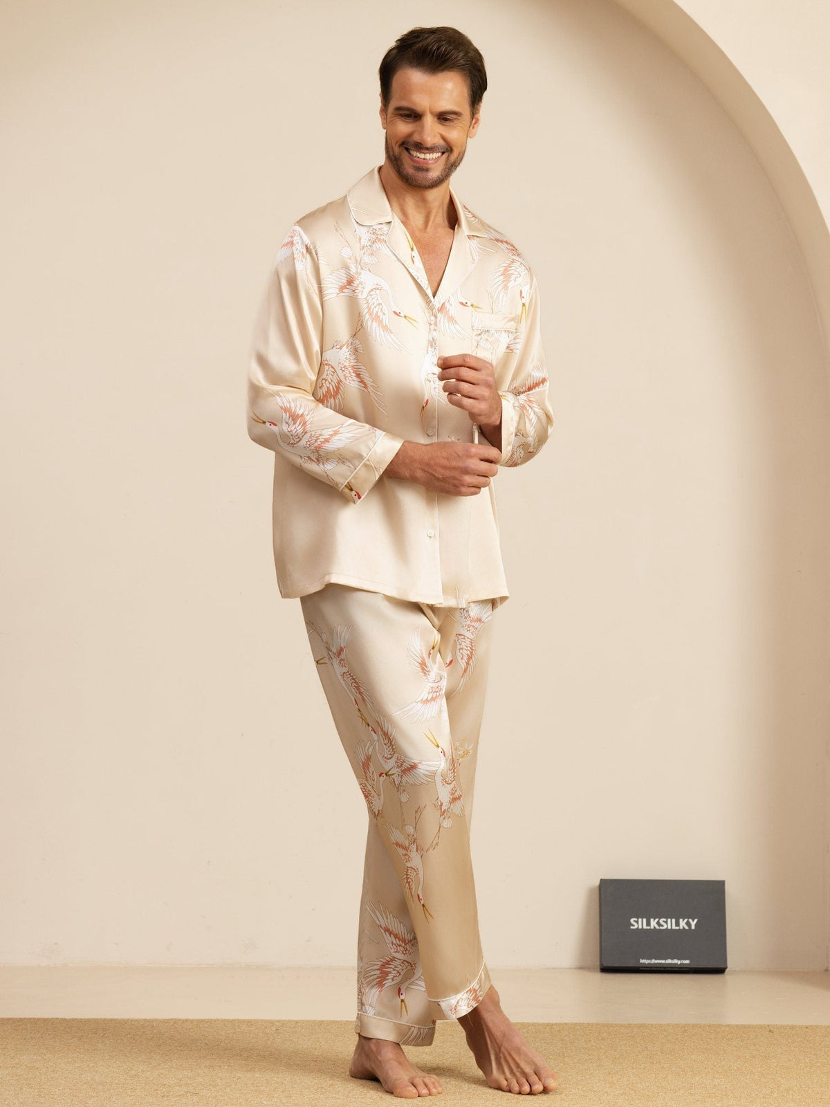 Conjunto de Pijamas para Hombre Estampado de Grúa Seda Pura 19Momme Manga Larga Cuello Notch