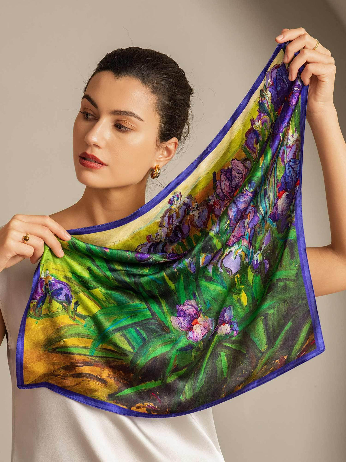 Pure Silk Pañuelo Cuadrado Pintura al Óleo Floral - Tamaño 53x53cm
