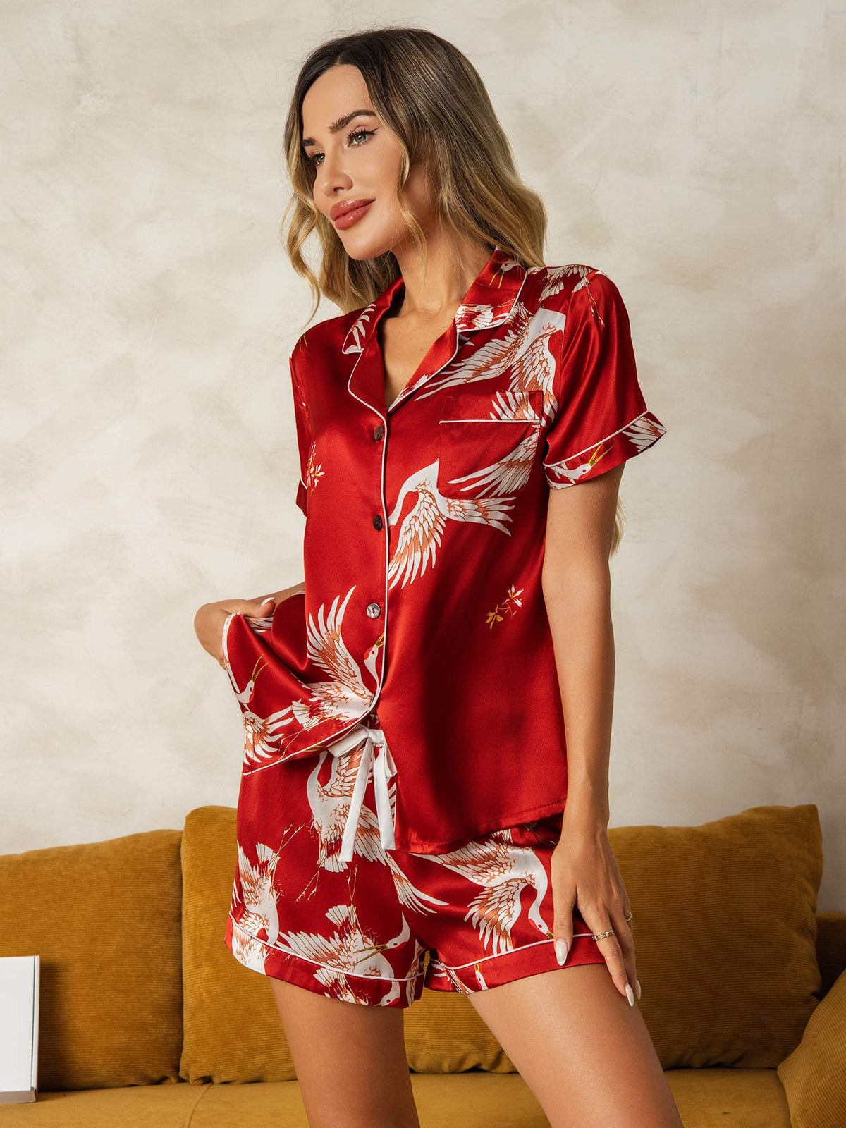 Conjunto De Pijama Para Mujer En Seda Pura 19Momme Manga Corta Cuello Notch Con Estampado De Grulla