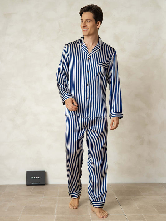 Conjunto De Pijama Para Hombre De Pura Seda Con Estampado De Rayas Manga Larga Y Cuello De Solapa