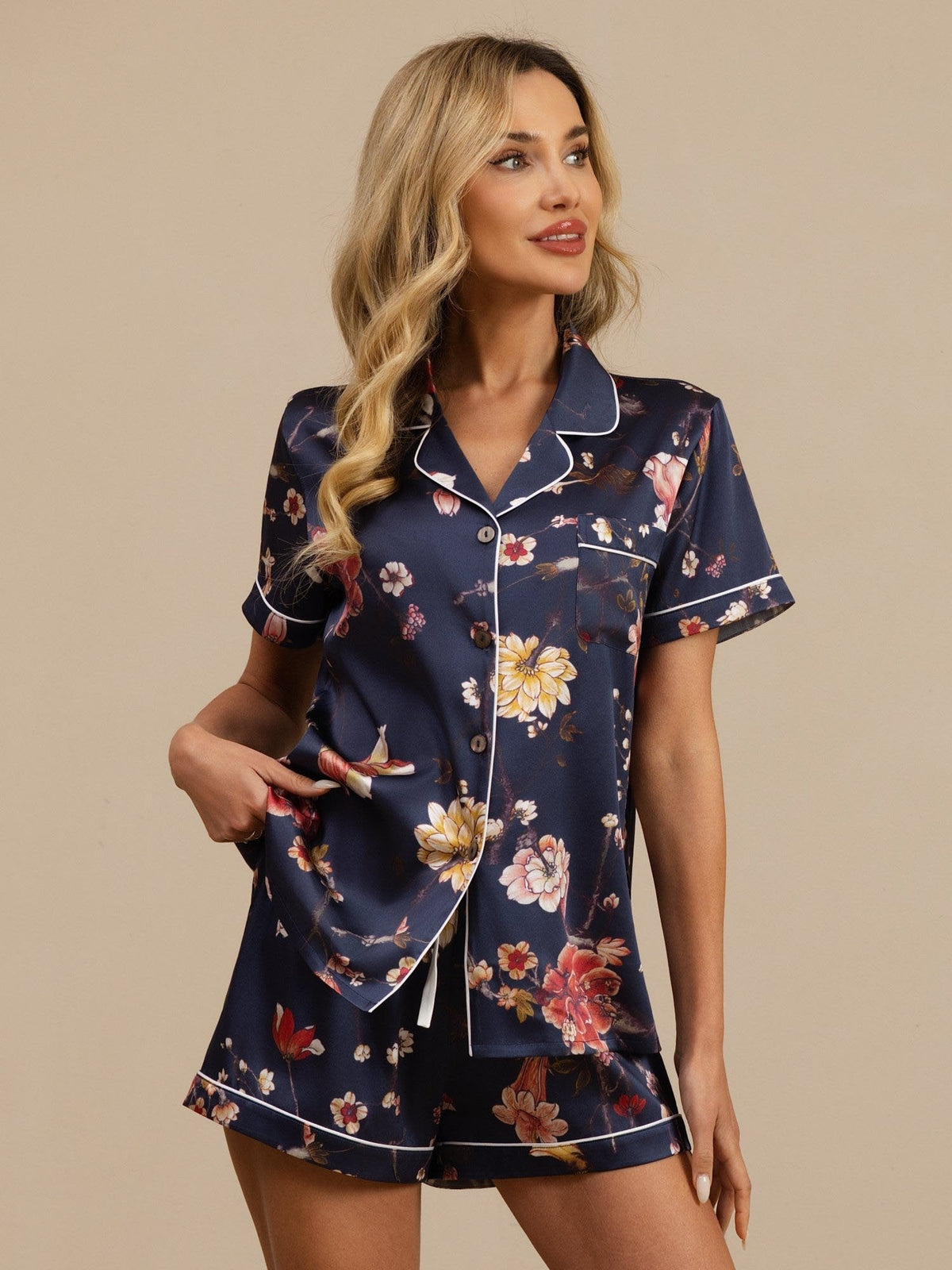Conjunto De Pijama Mujer De Seda 19 Momme Azul Marino Con Estampado Floral Manga Corta Cuello Con Solapa Con Botones