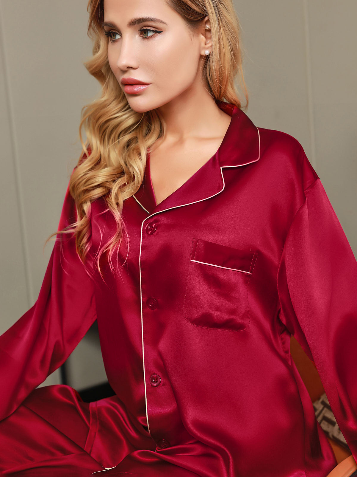 Conjunto De Pijamas De Seda Pura Con Cuello Con Muesca Y Botones
