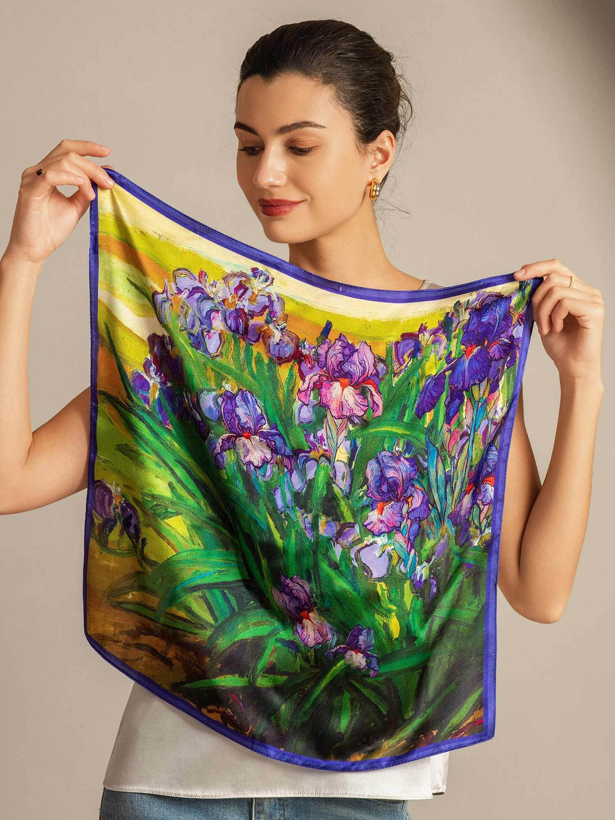 Pure Silk Pañuelo Cuadrado Pintura al Óleo Floral - Tamaño 53x53cm