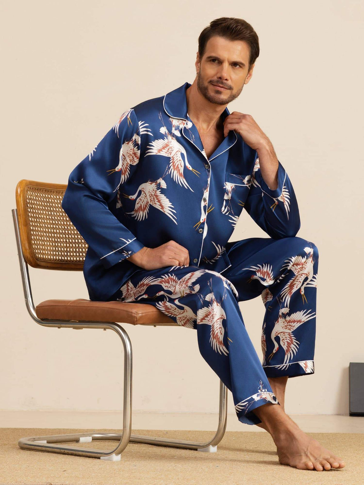Conjunto de Pijamas para Hombre Estampado de Grúa Seda Pura 19Momme Manga Larga Cuello Notch