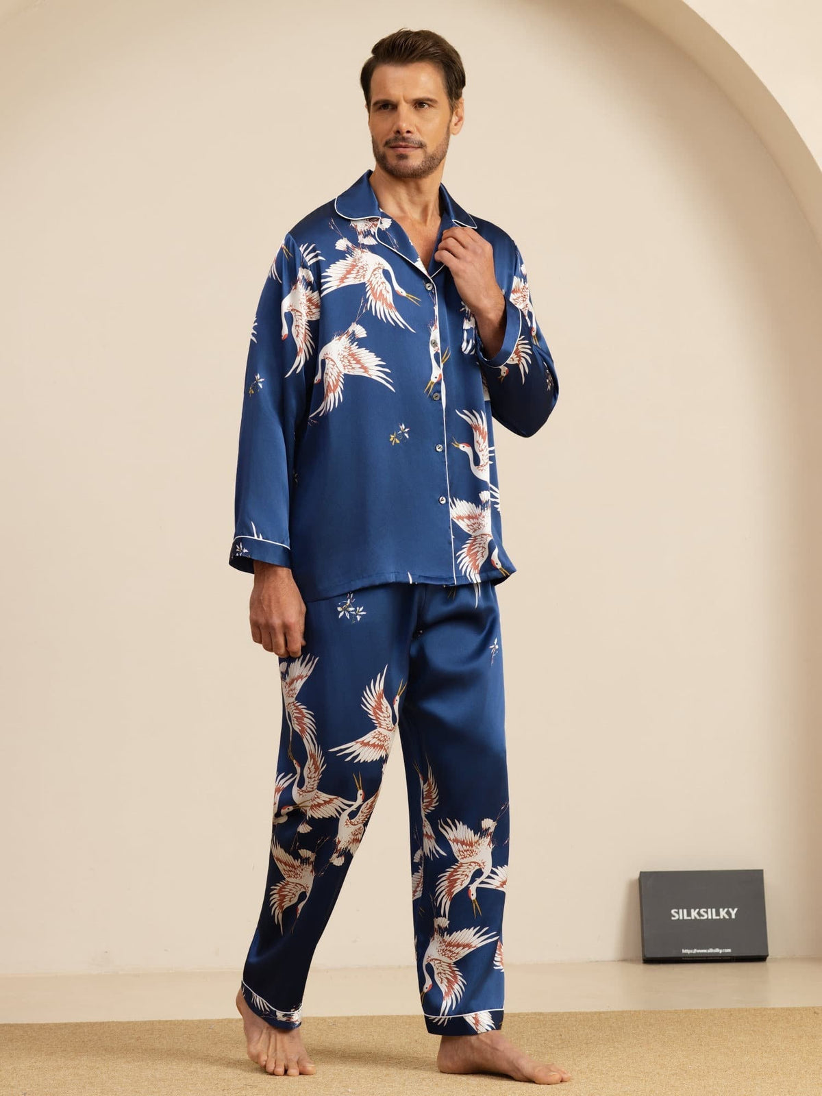 Conjunto de Pijamas para Hombre Estampado de Grúa Seda Pura 19Momme Manga Larga Cuello Notch