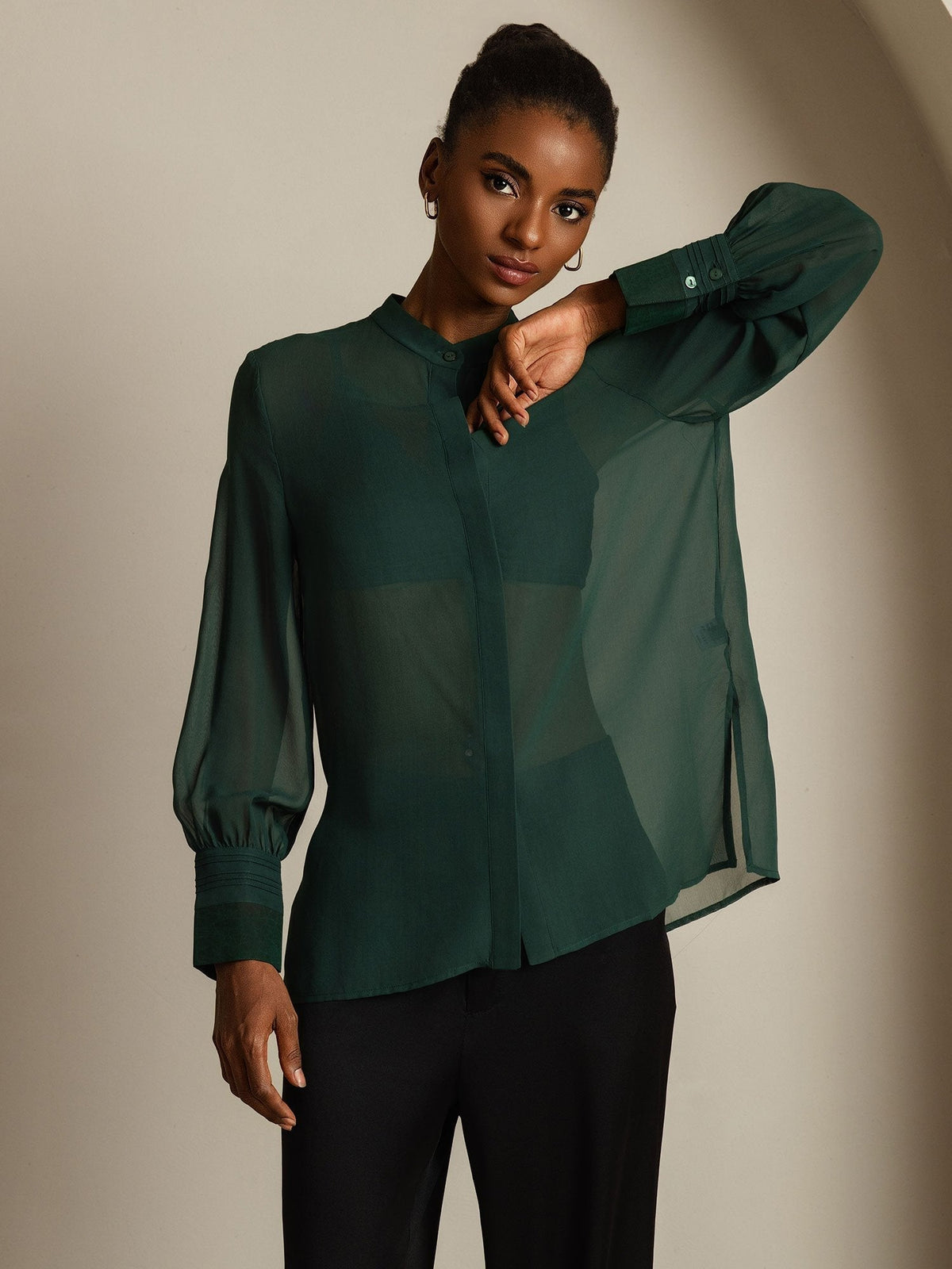Seda Pura Blusa de Manga Larga Con Corte Transparente