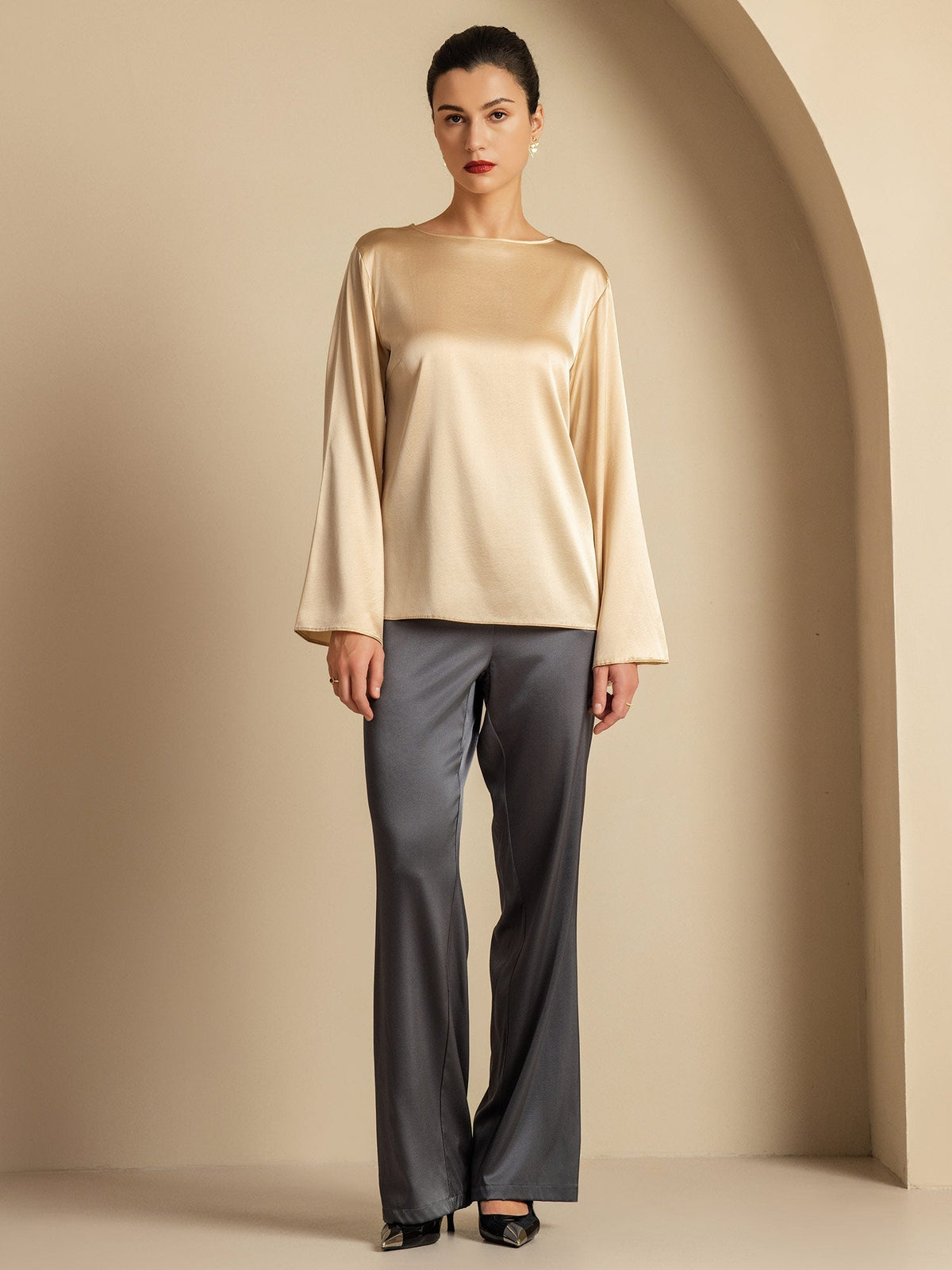 19Momme Seda Relajada Manga Larga Blusa