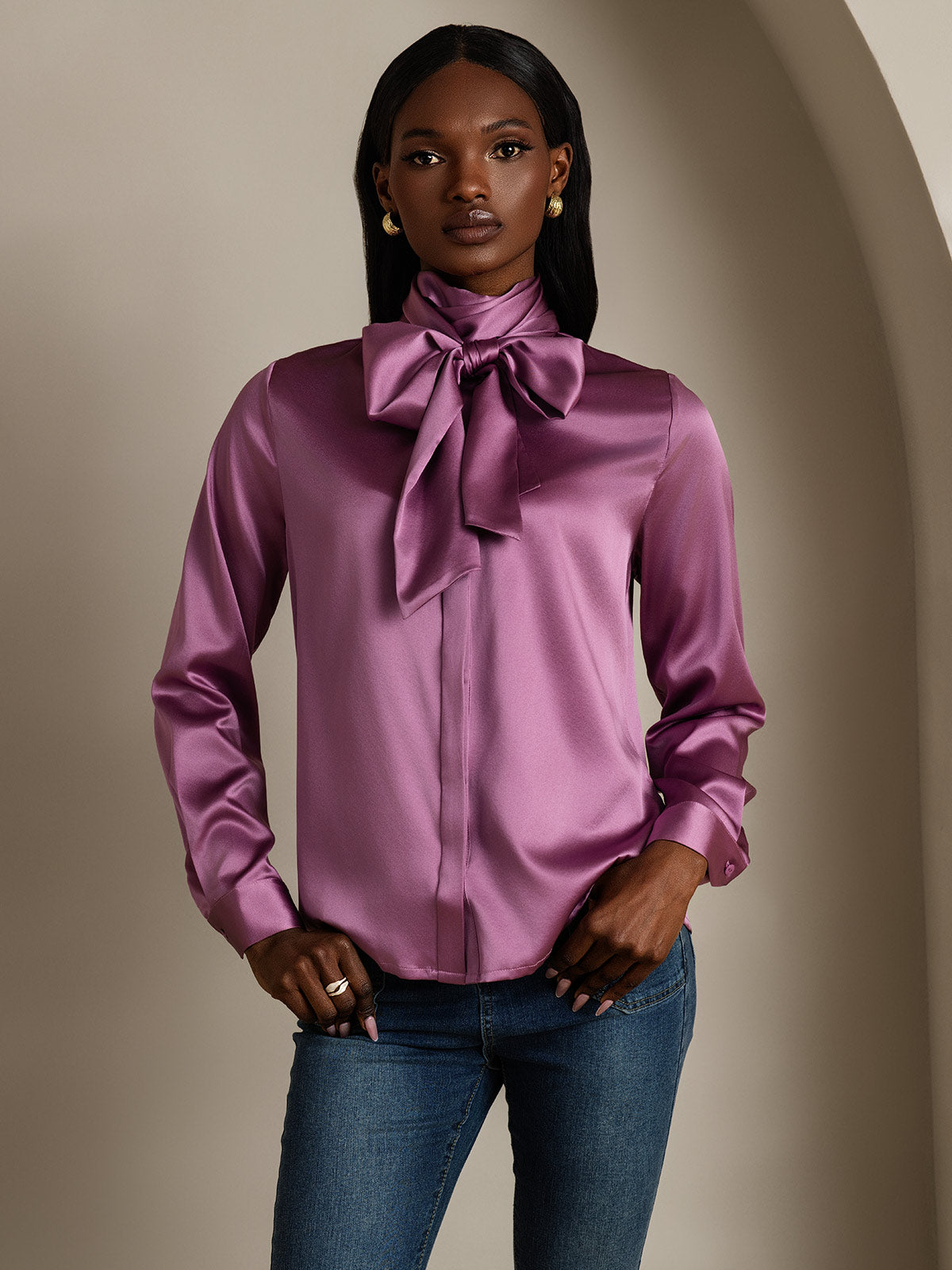 19 Momme Seda Cuello atado Camisa