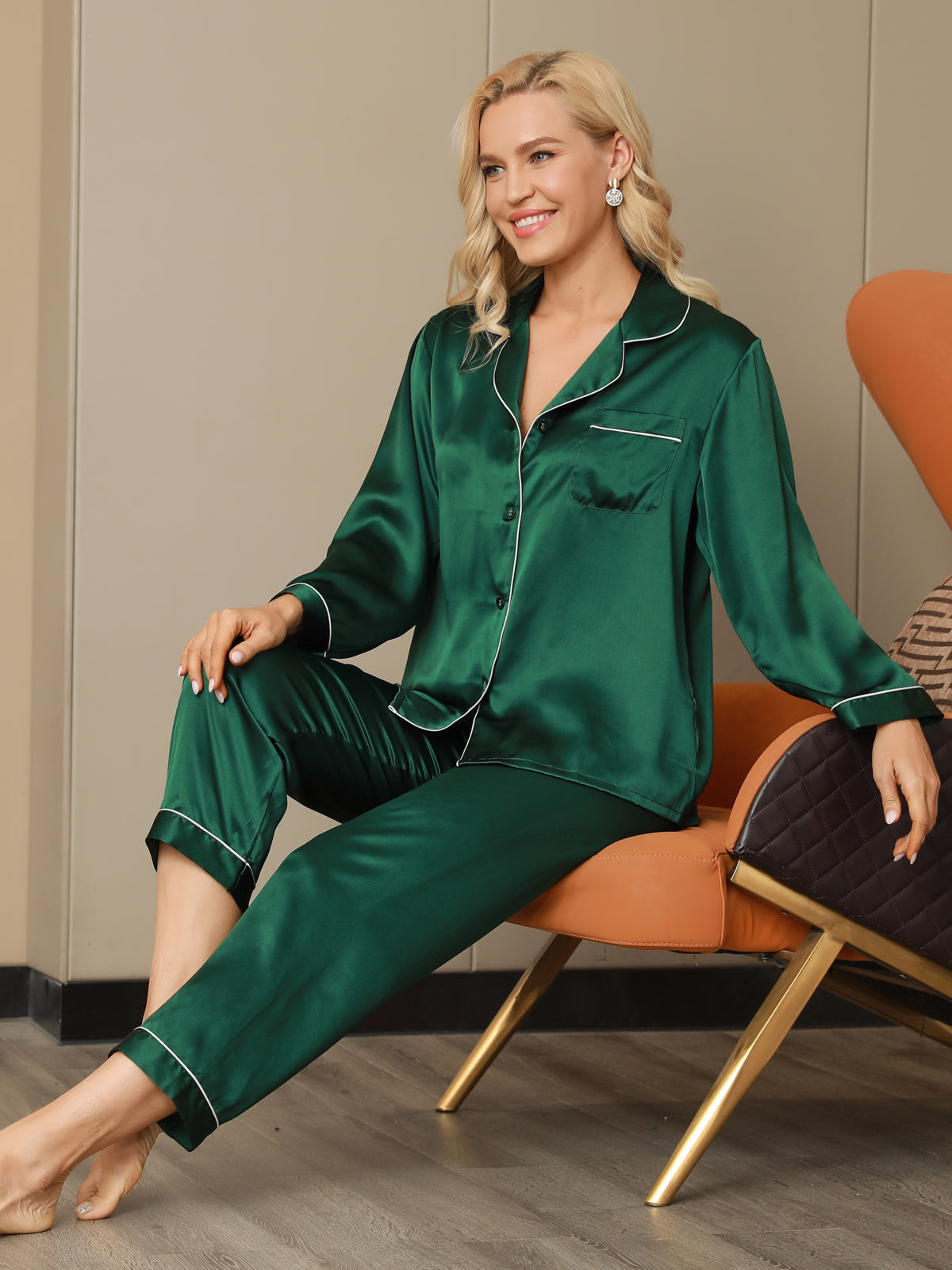 Conjunto De Pijamas De Seda Pura Con Cuello Con Muesca Y Botones