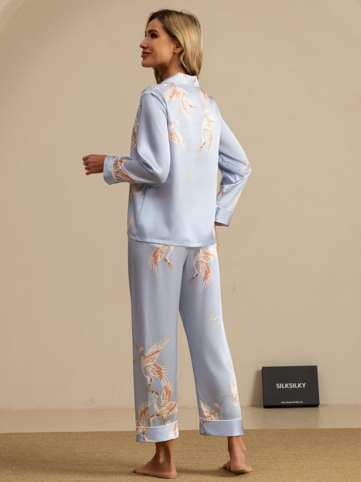 Pijama De Mujer De Seda Pura 19Momme Con Estampado De Grulla Y Manga Larga