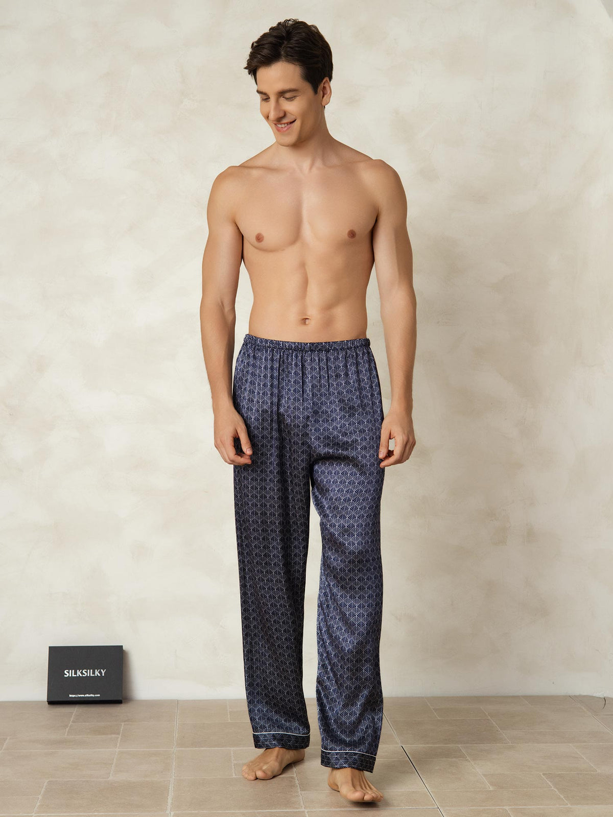 Pantalones De Dormir De Seda Pura Ginkgo Azul Marino Para Hombre Con Cintura Elástica