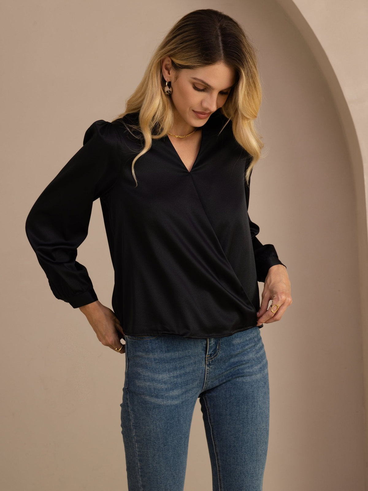 Blusa De Seda Mujer 19 Momme Con Escote Cruzado Y Manga Larga