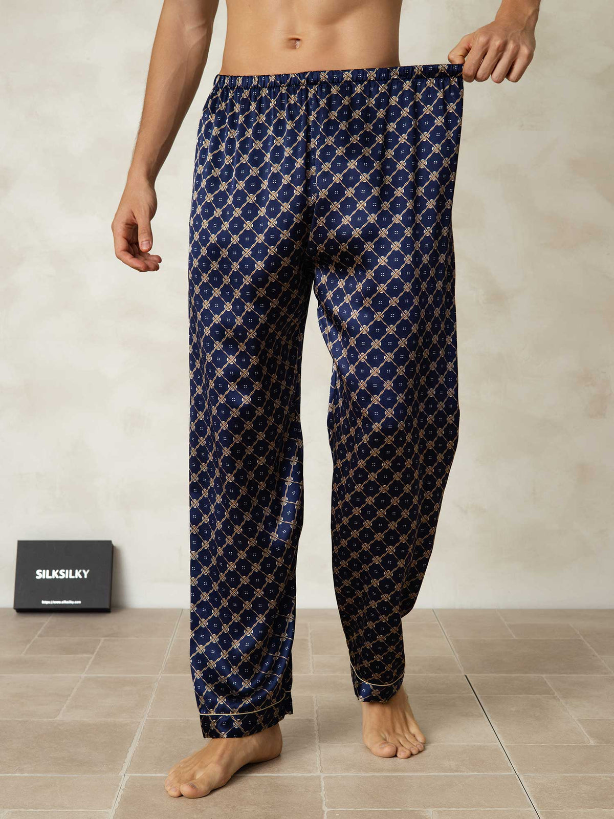 Pantalones De Dormir Para Hombre De Seda Pura Con Estampado De Cadenas Azul Marino Y Cintura Elástica