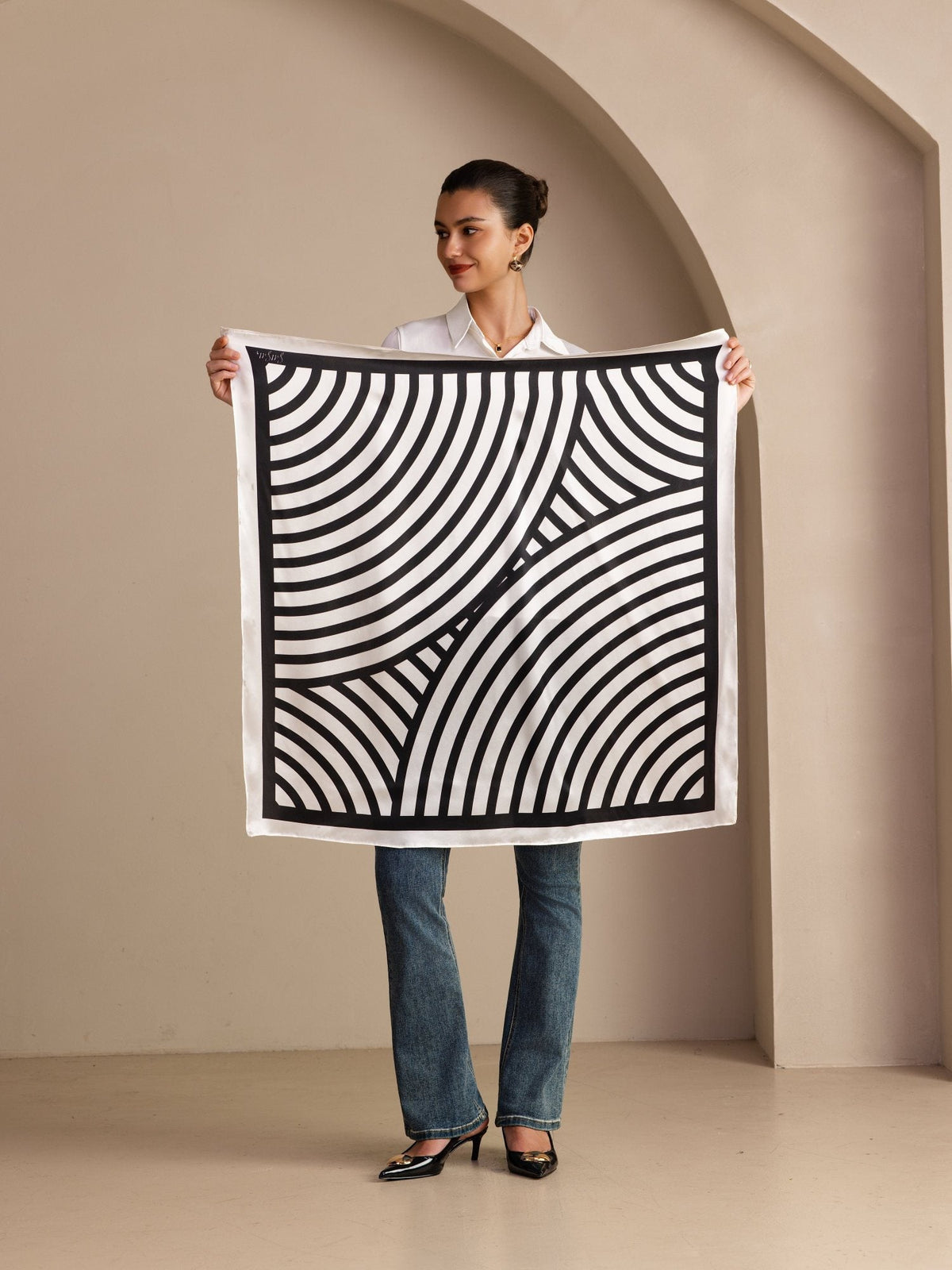100% Seda De Morado Pañuelo Estampado Geometría Semicircular Tamaño 90x90cm