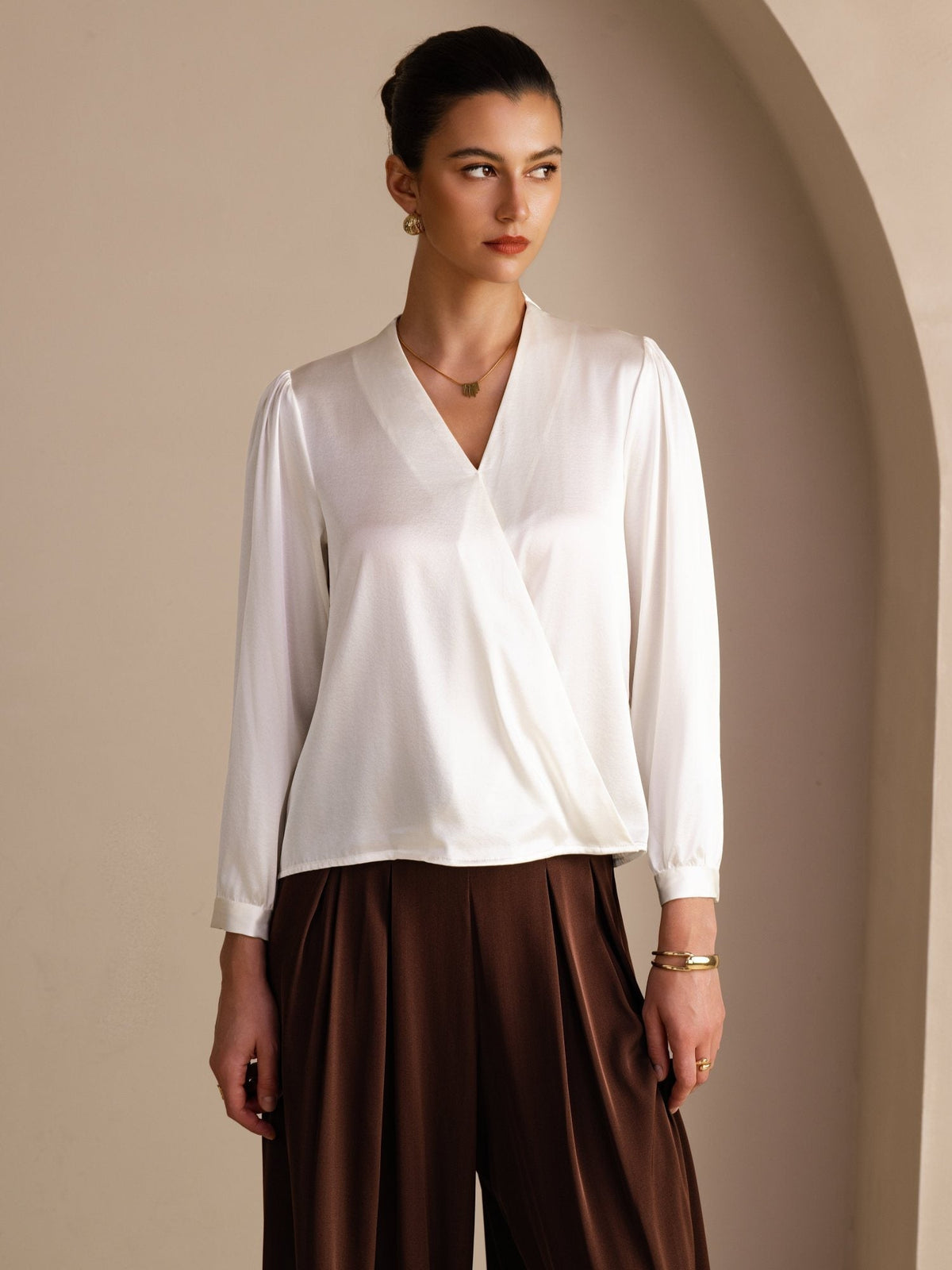 Blusa De Seda Mujer 19 Momme Con Escote Cruzado Y Manga Larga