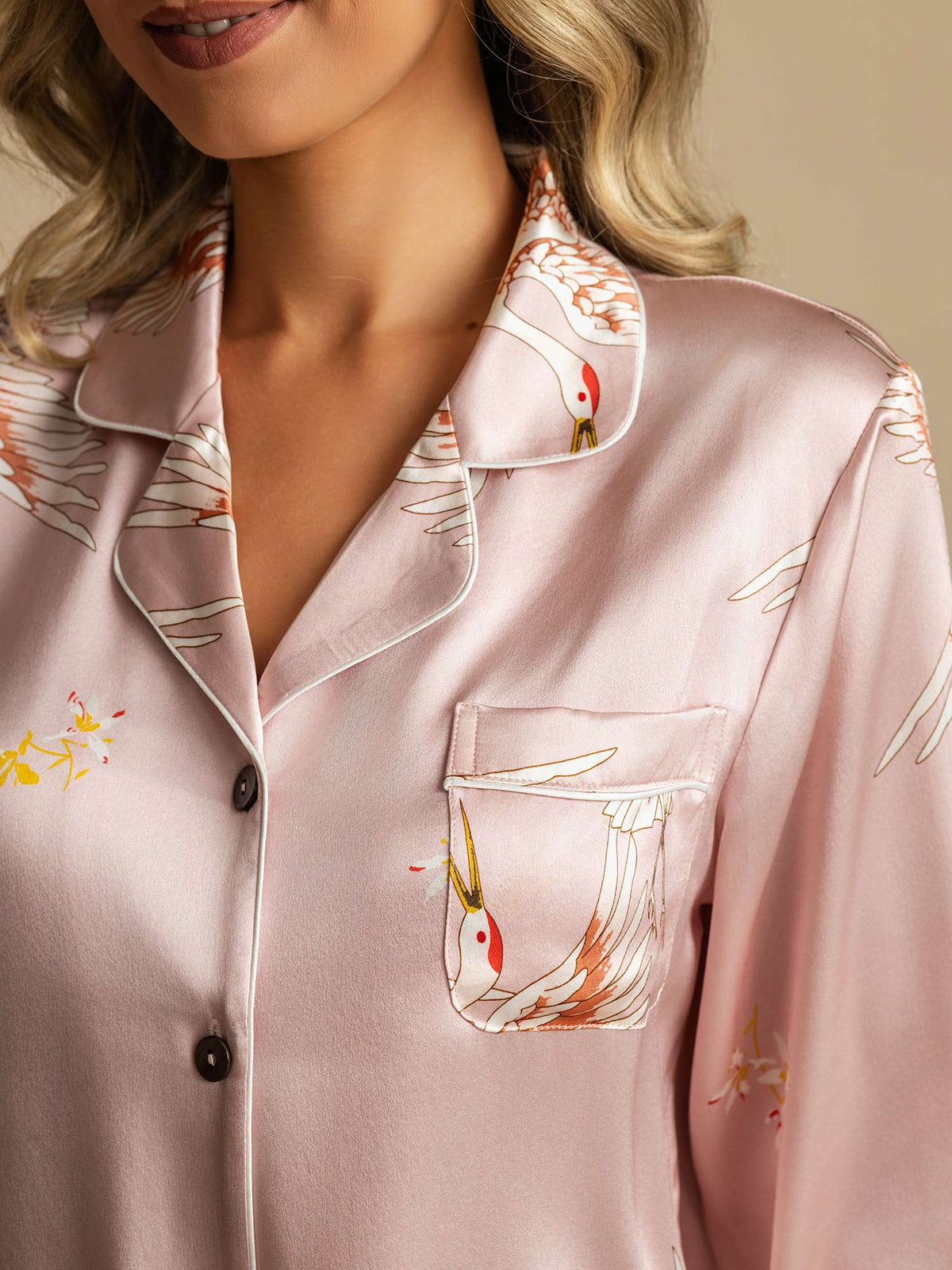 Pijama De Mujer De Seda Pura 19Momme Con Estampado De Grulla Y Cuello Con Solapa De Manga Larga