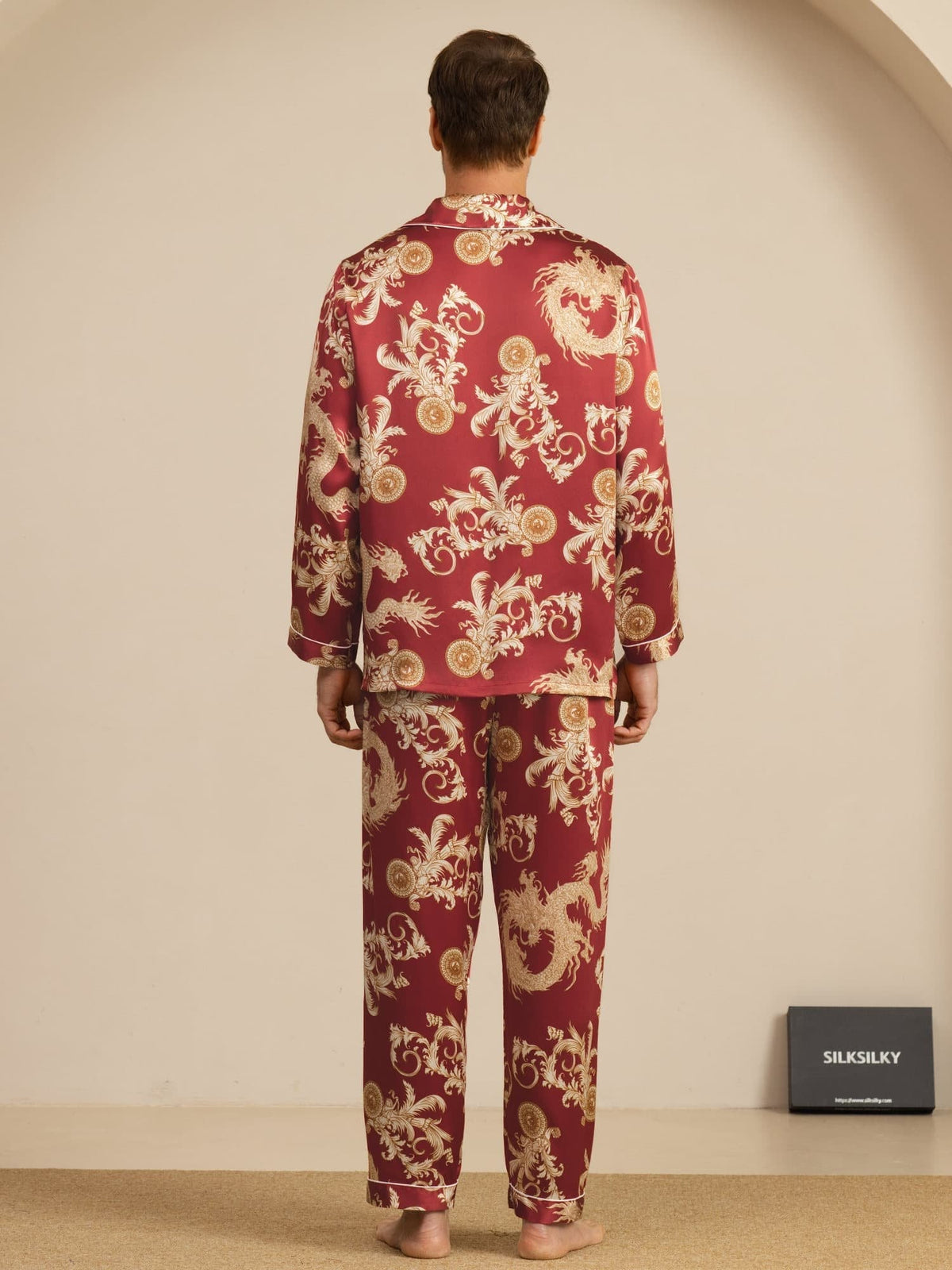 Pure Seda Hombre Estampado Dragón Manga Larga Cuello Notch Conjunto Pijama