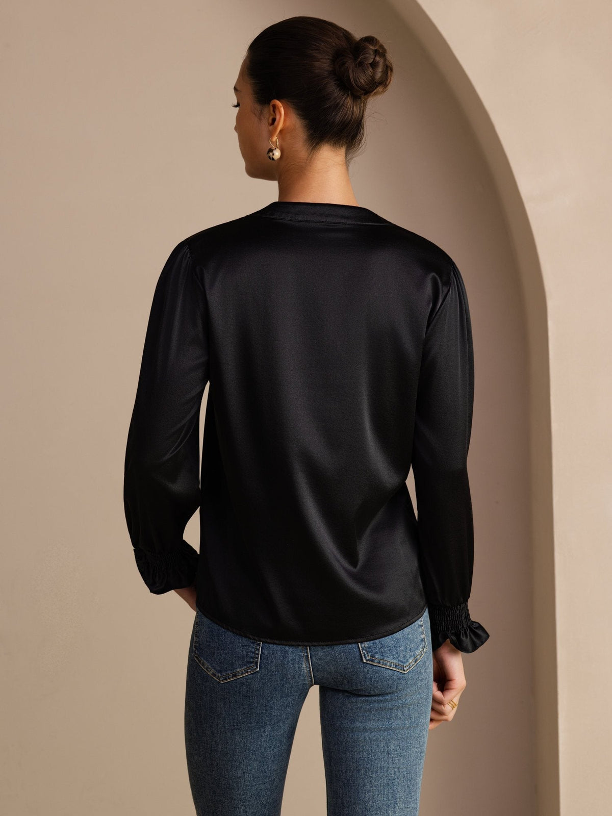 Blusa De Seda Mujer 19 Momme Con Escote Abierto Y Manga Larga