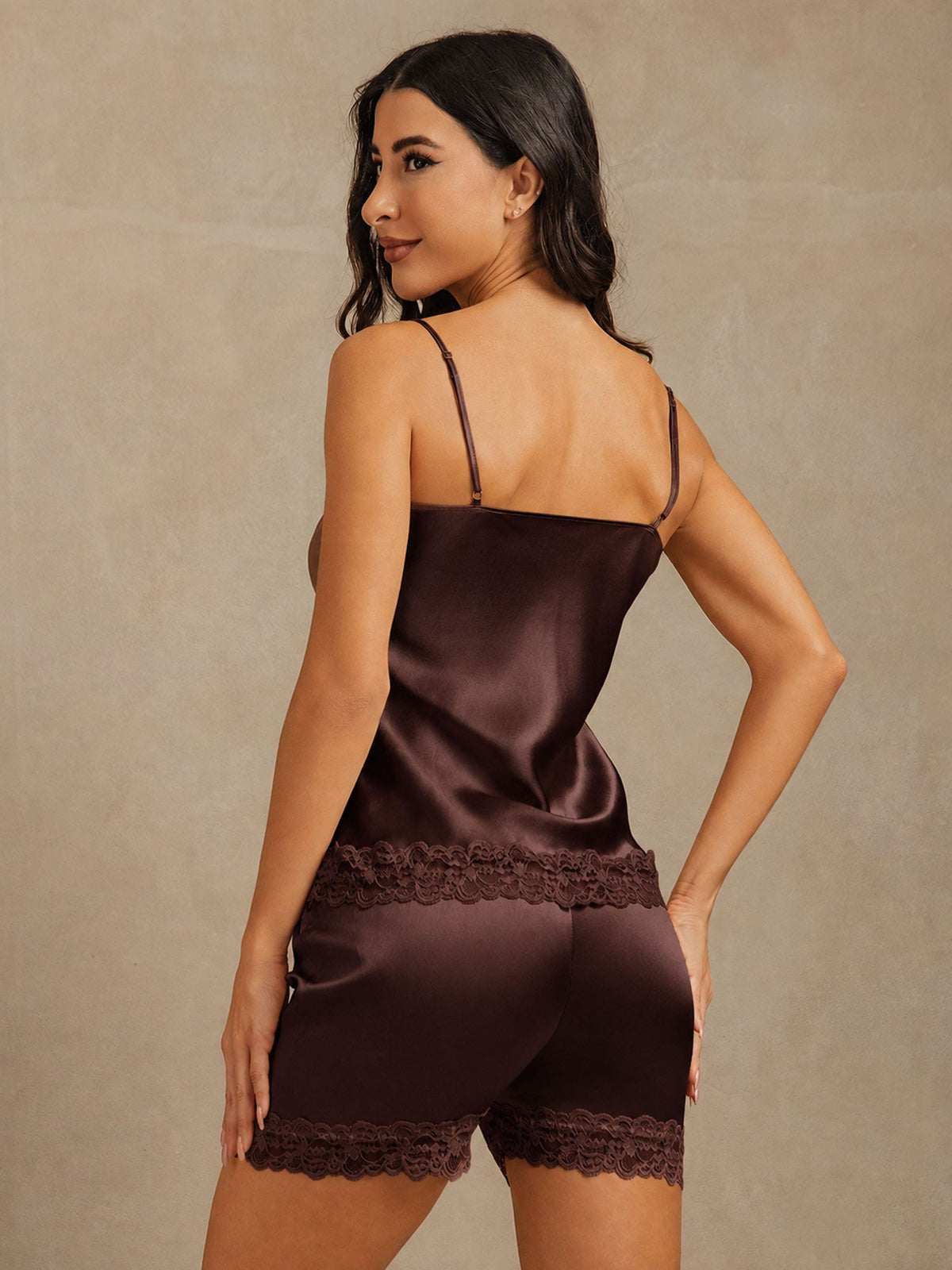 Seda Pura Adorno De Encaje Tirantes Finos Escote En V Conjunto De Camiseta Sexy