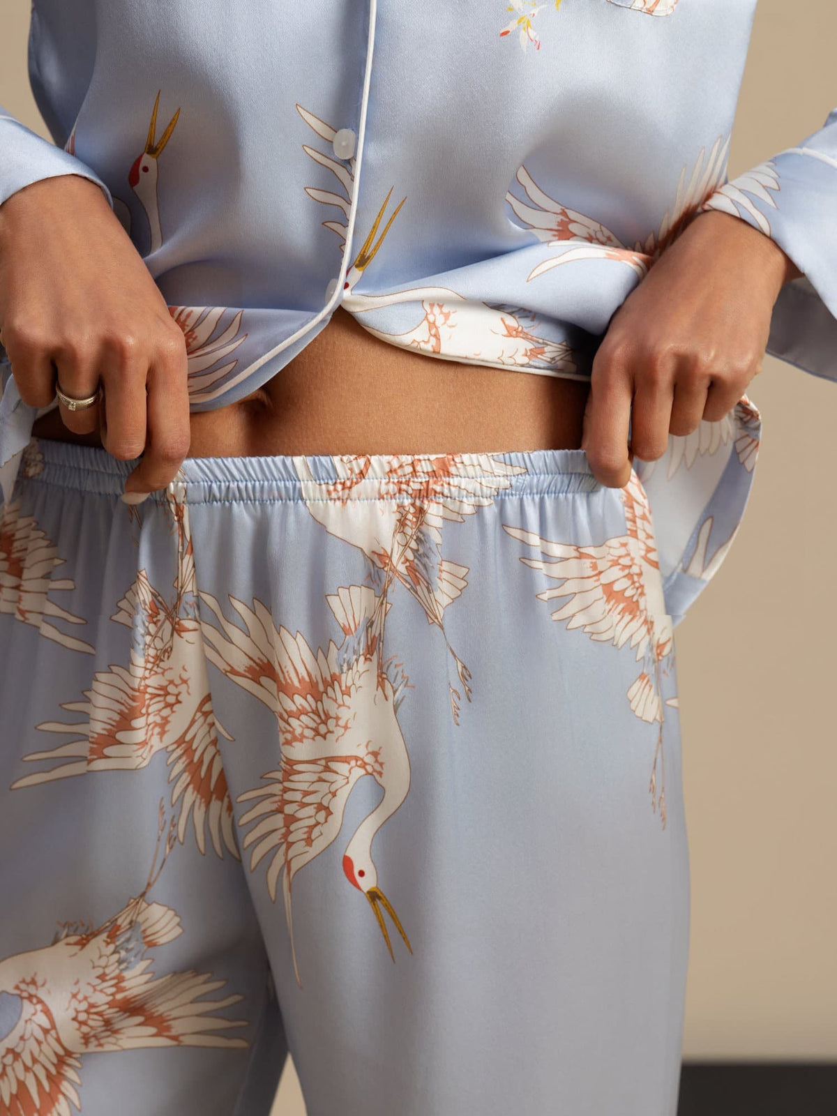 Pijama De Mujer De Seda Pura 19Momme Con Estampado De Grulla Y Manga Larga