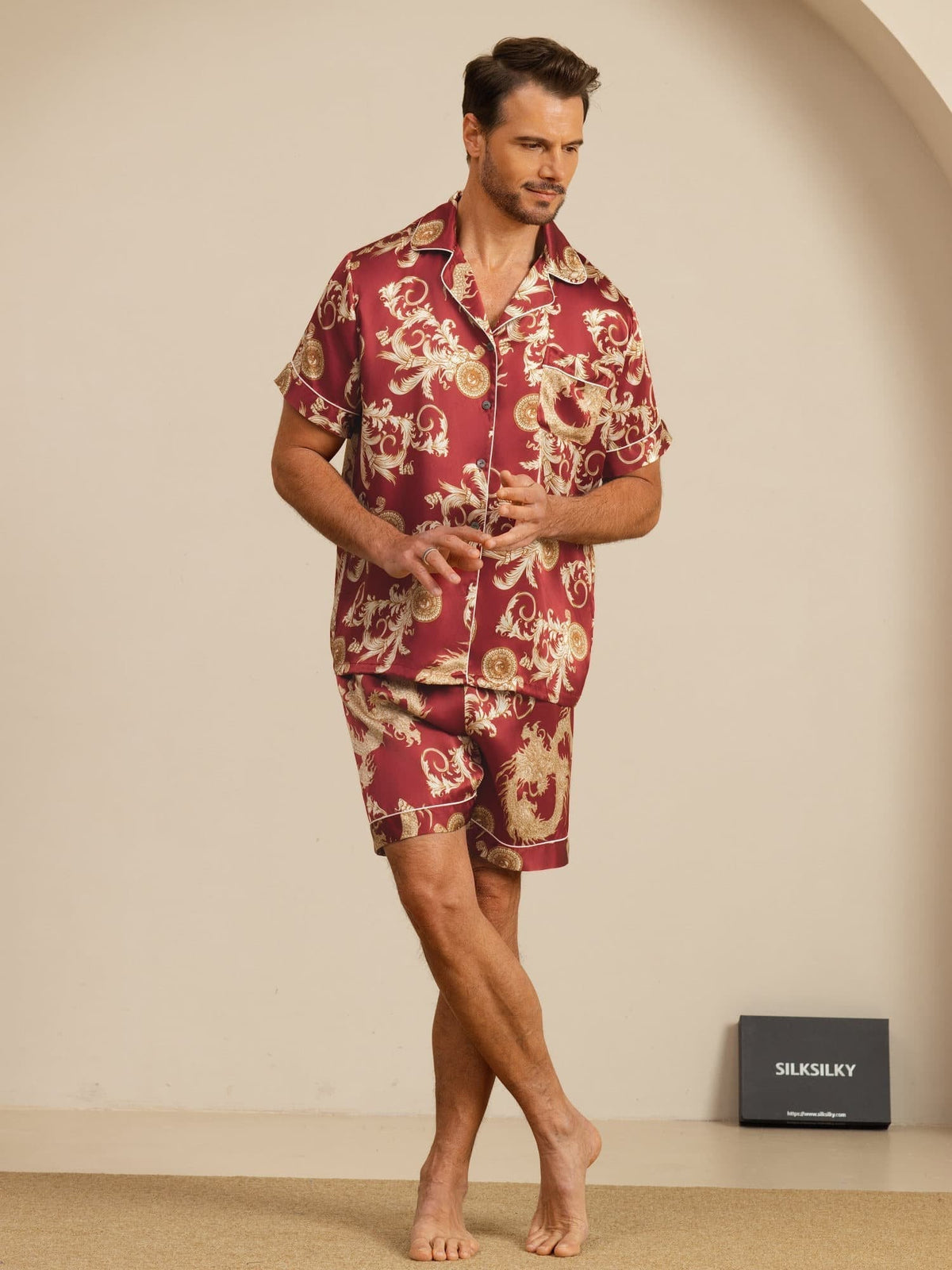 Pure Seda Hombre Estampado Dragón Manga Corta Cuello Notch Conjunto Pijama