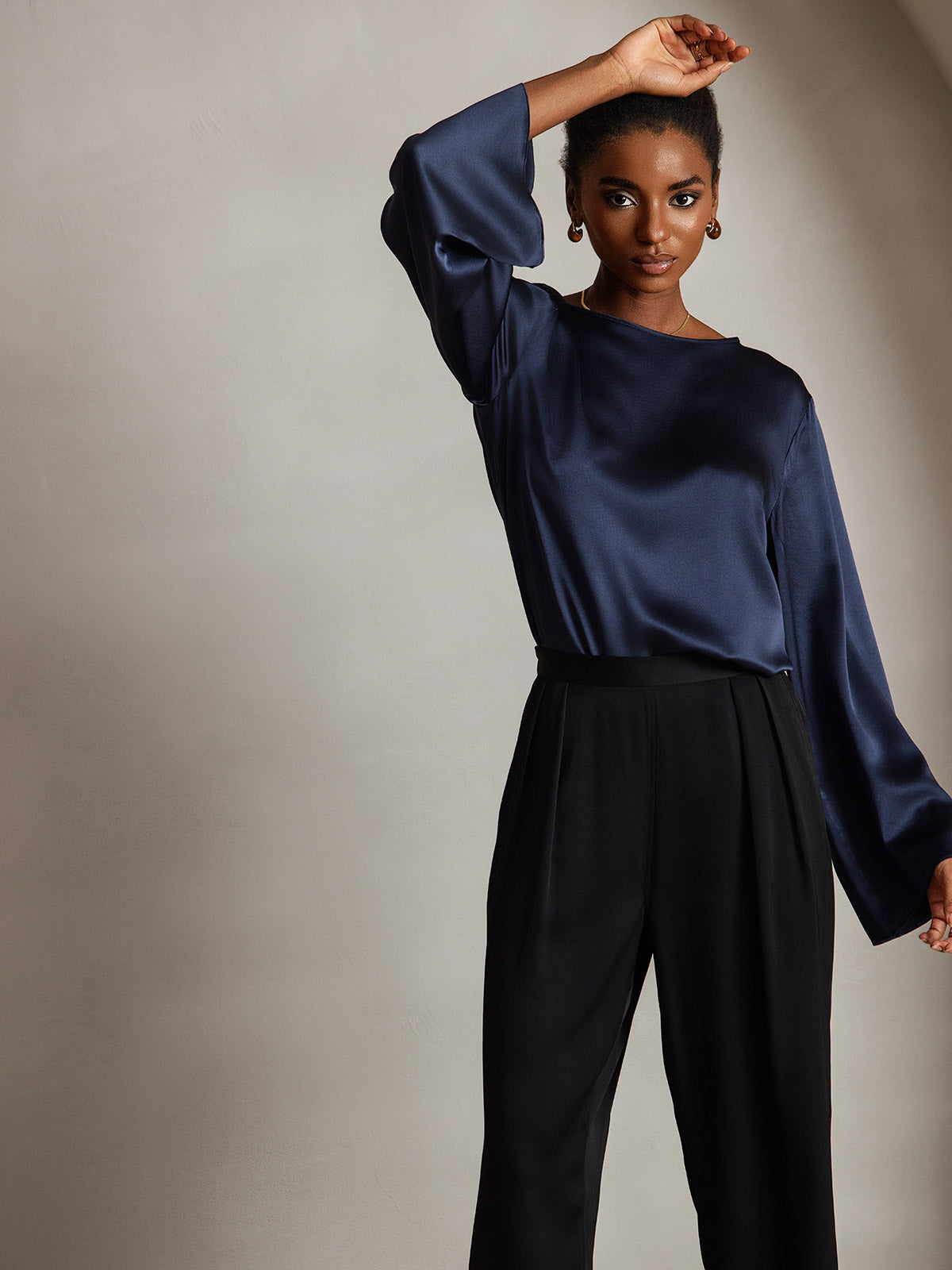 19Momme Seda Relajada Manga Larga Blusa
