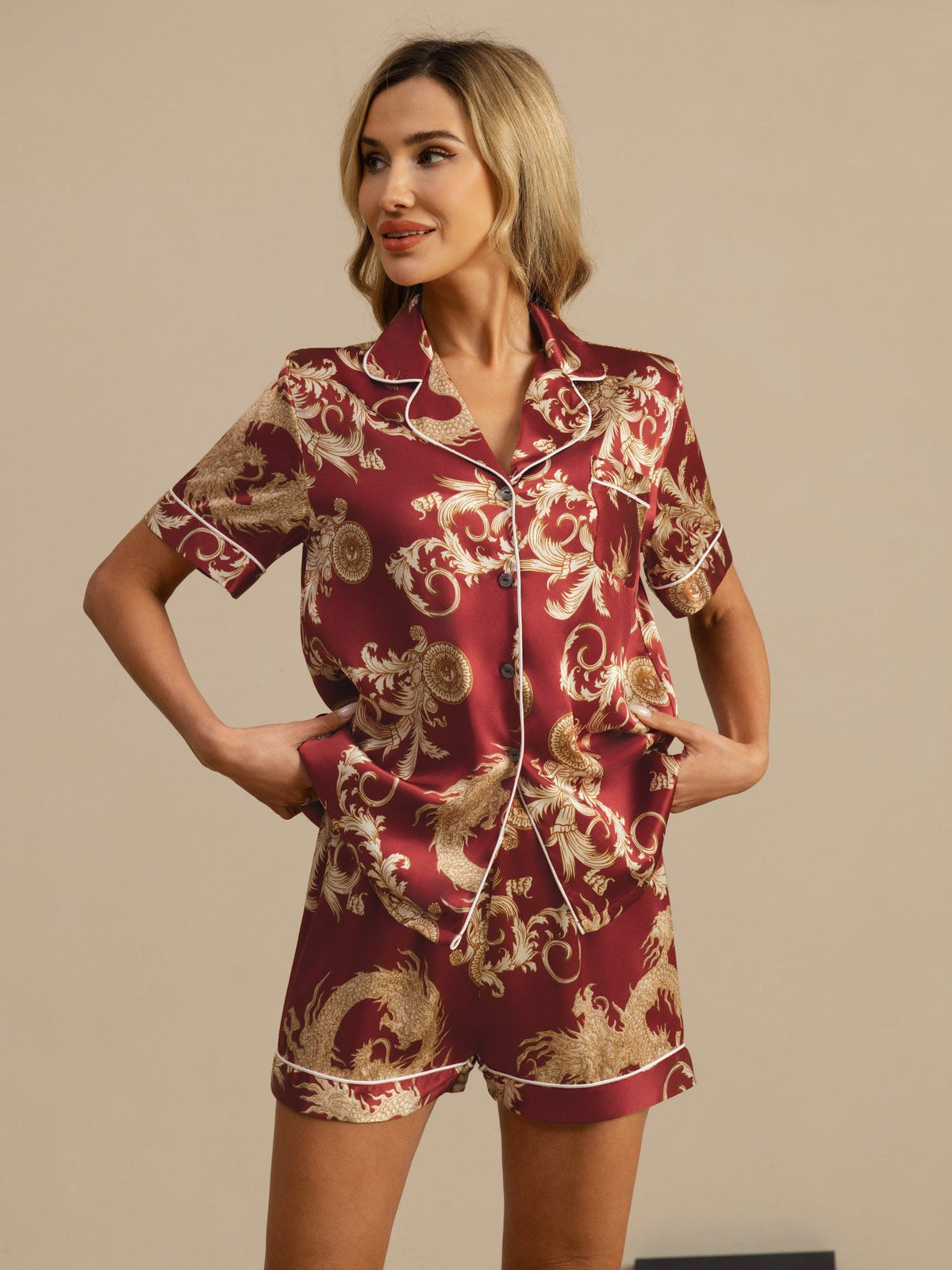 Pijama Mujer Seda Pura Manga Corta Cuello Notch Con Shorts Estampado Dragón