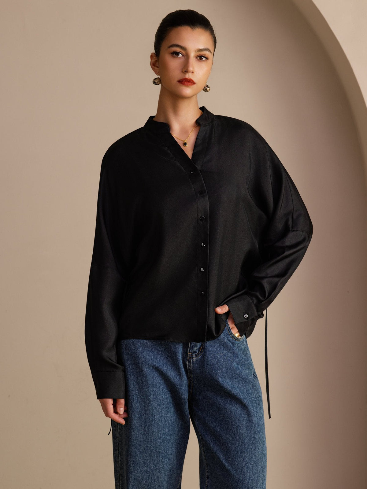 Blusa De Seda De Morera 100 Por Ciento Mujer Con Escote Abierto Y Cordón De Ajuste Manga Larga