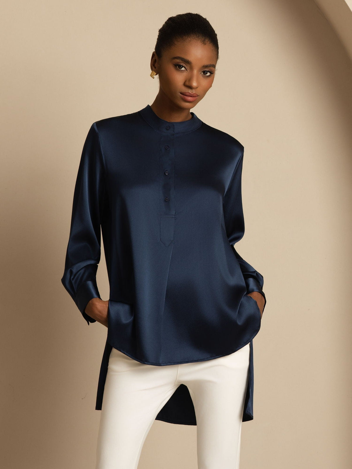 Blusa de mujer de seda 19Momme con Stand Collar High-Low y detalles de botones