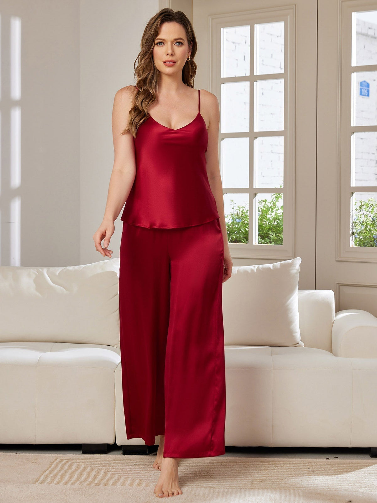 Conjunto de pijama de seda pura con camiseta de tirantes y pantalones de pierna ancha